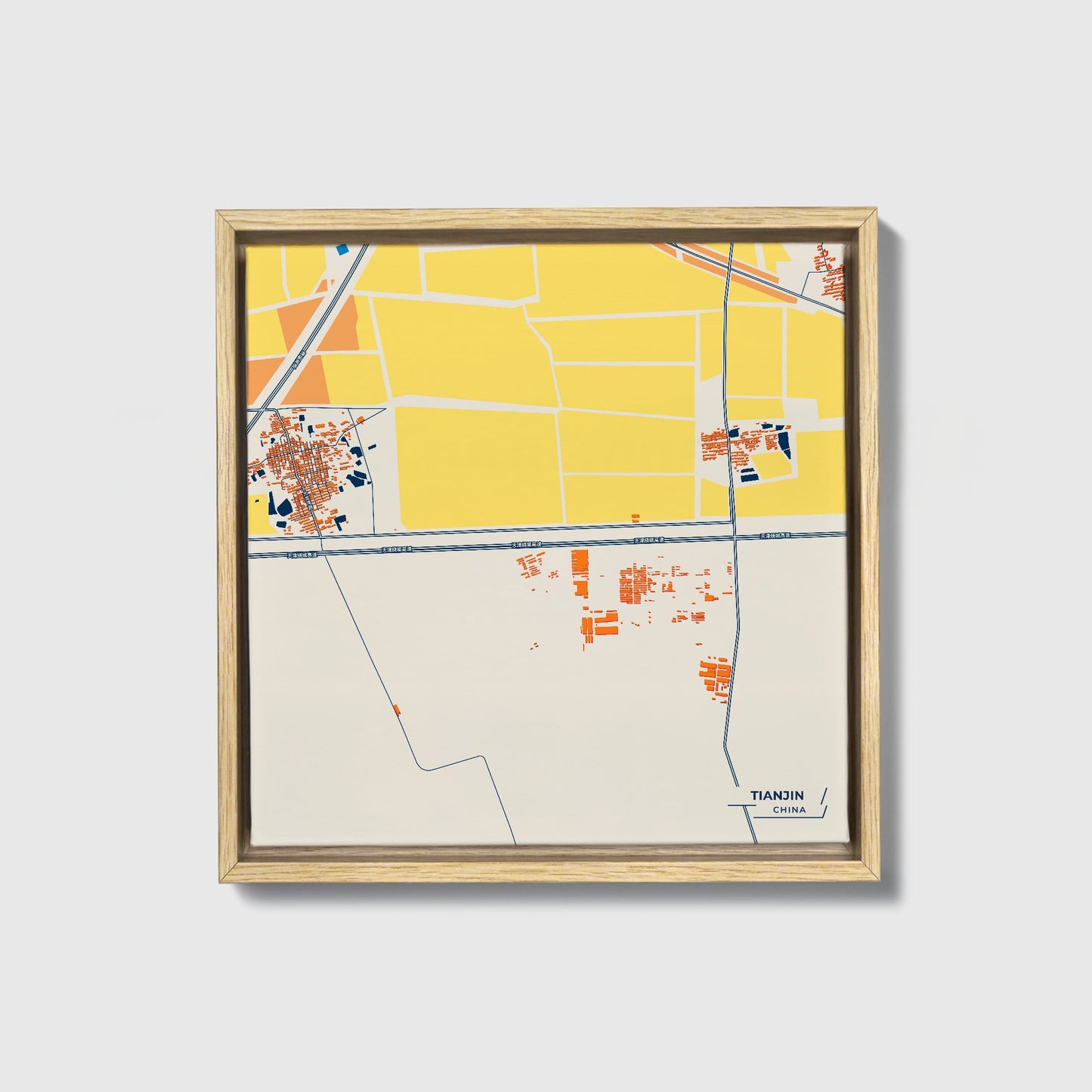 Tianjin China Colorful City Map Canvas Print • Natural Wooden Framed