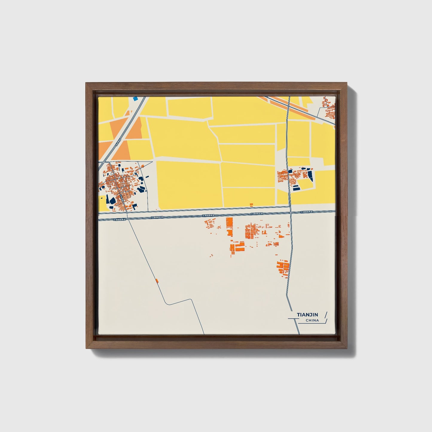 Tianjin China Colorful City Map Canvas Print • Dark Wooden Framed