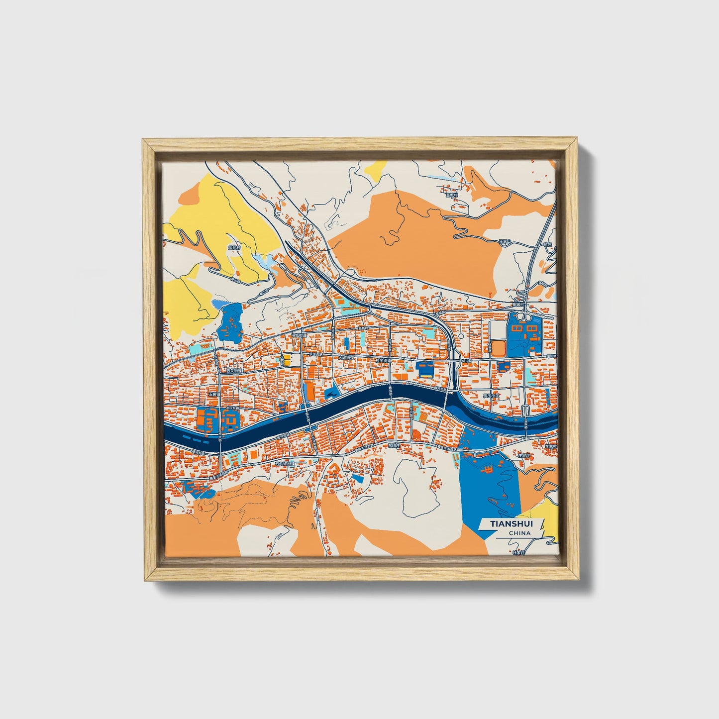 Tianshui China Colorful City Map Canvas Print • Natural Wooden Framed