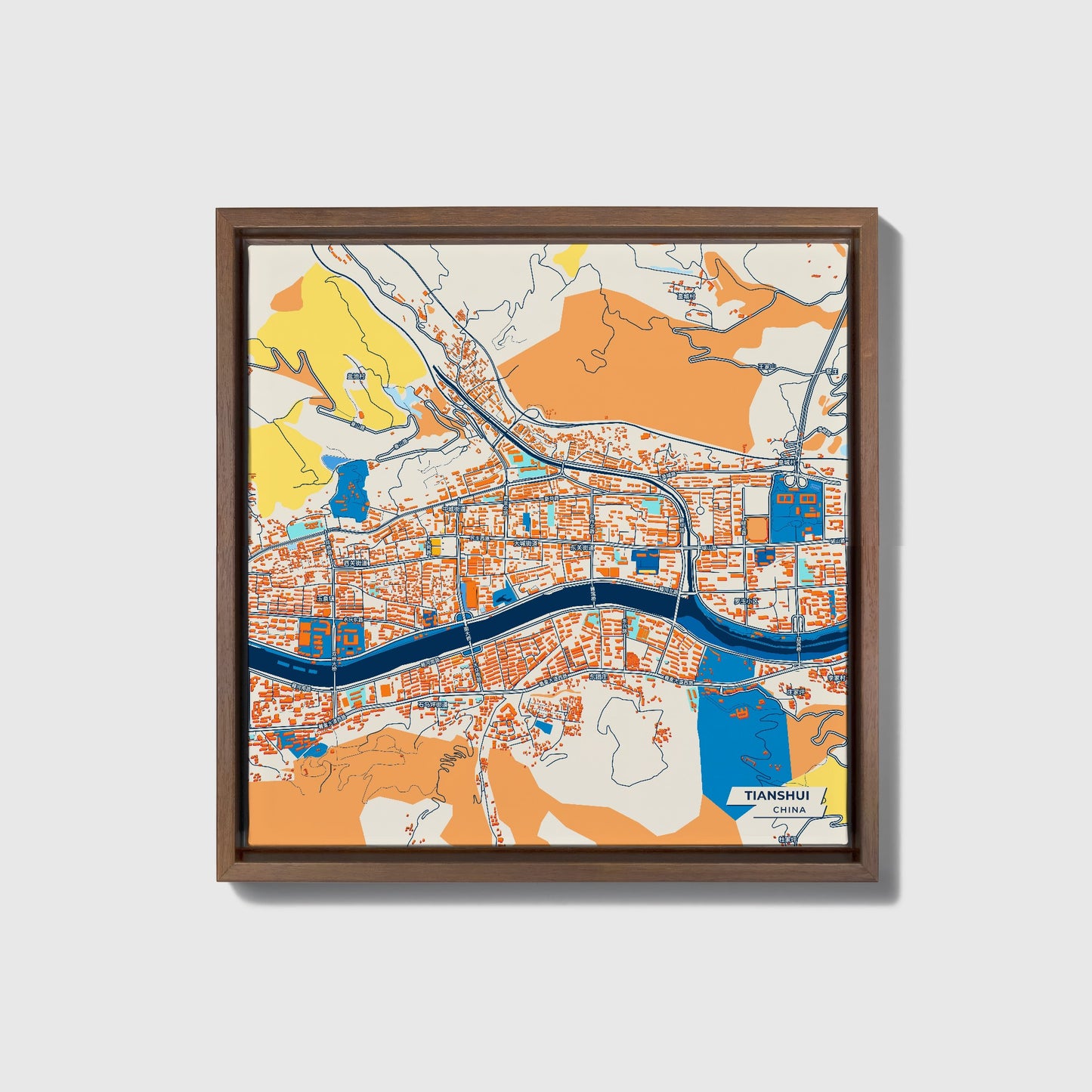 Tianshui China Colorful City Map Canvas Print • Dark Wooden Framed