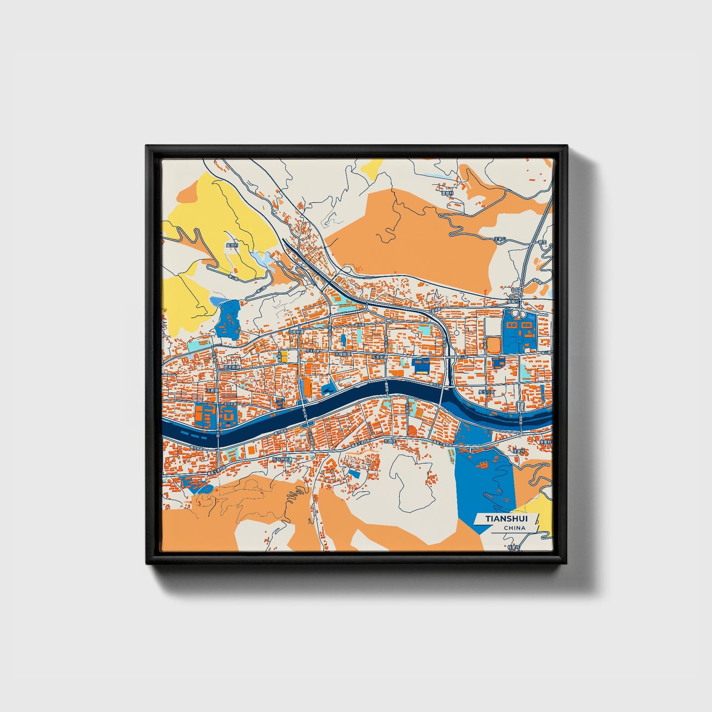 Tianshui China Colorful City Map Canvas Print • Black Framed