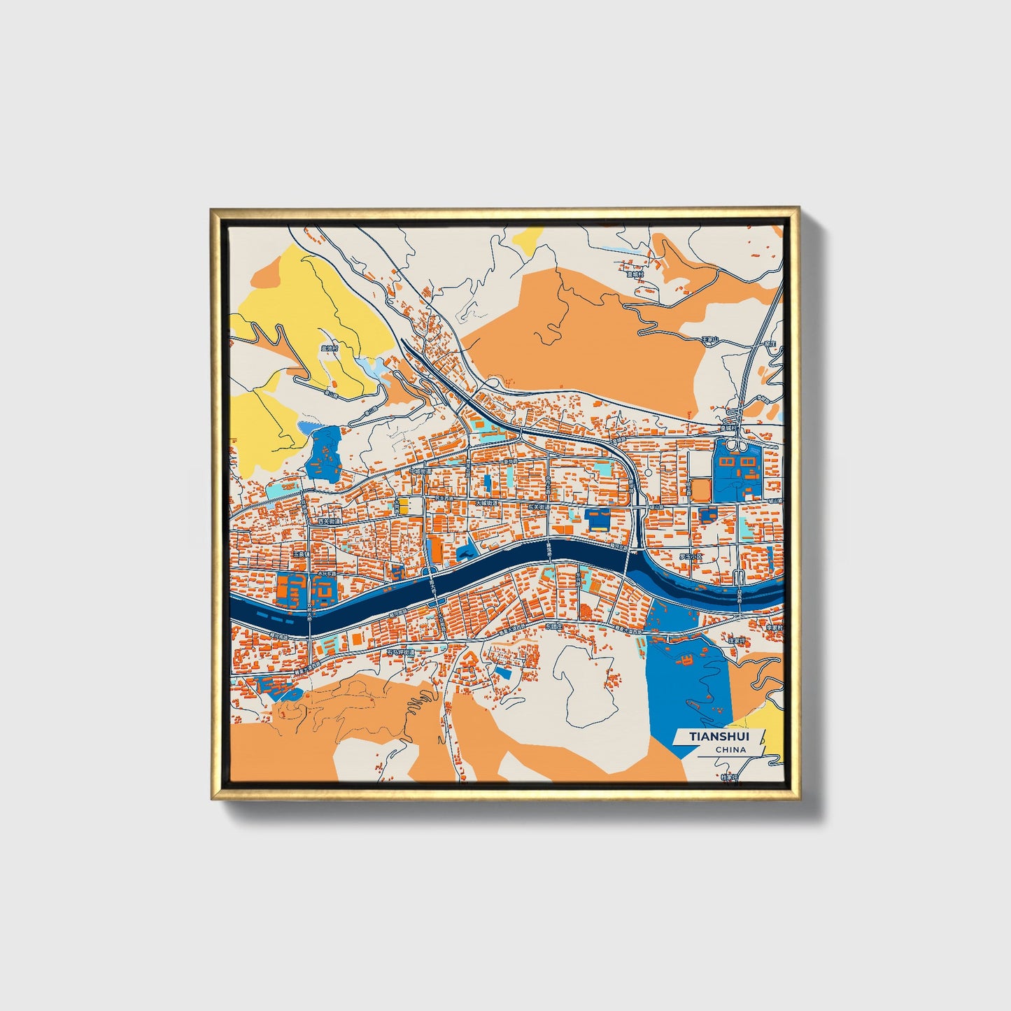 Tianshui China Colorful City Map Canvas Print • Gold Framed