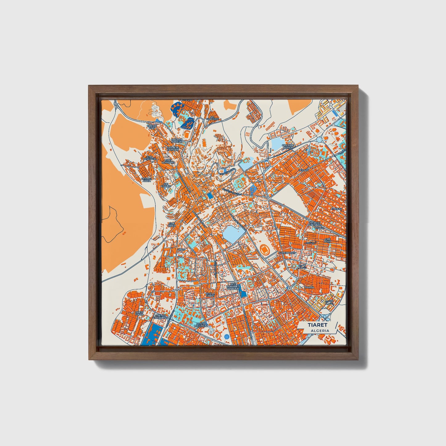 Tiaret Algeria Colorful City Map Canvas Print • Dark Wooden Framed