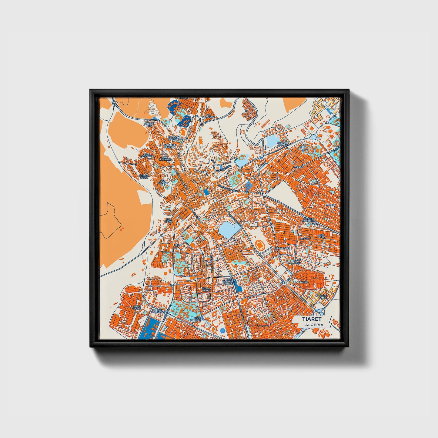 Tiaret Algeria Colorful City Map Canvas Print • Black Framed
