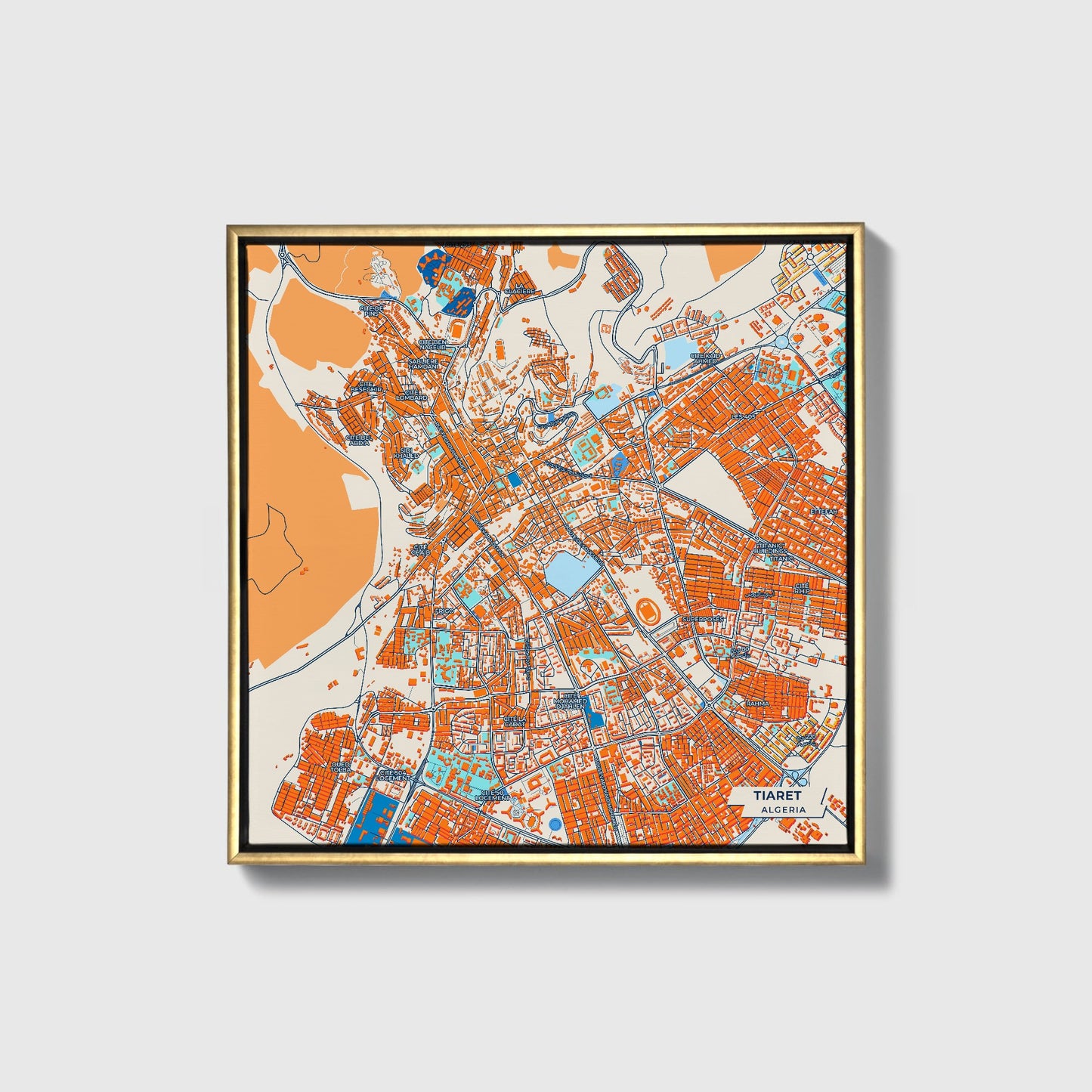 Tiaret Algeria Colorful City Map Canvas Print • Gold Framed