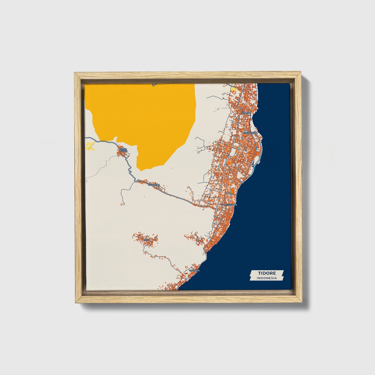 Tidore Indonesia Colorful City Map Canvas Print • Natural Wooden Framed