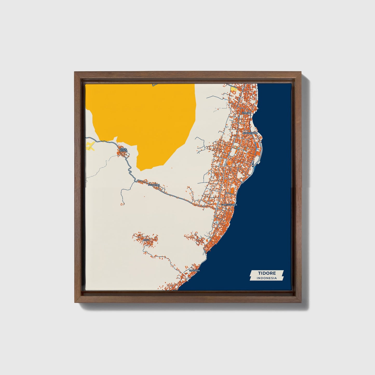 Tidore Indonesia Colorful City Map Canvas Print • Dark Wooden Framed