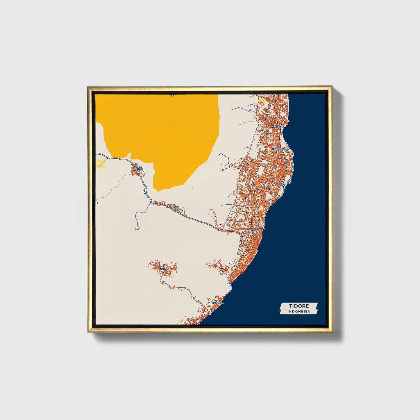 Tidore Indonesia Colorful City Map Canvas Print • Gold Framed
