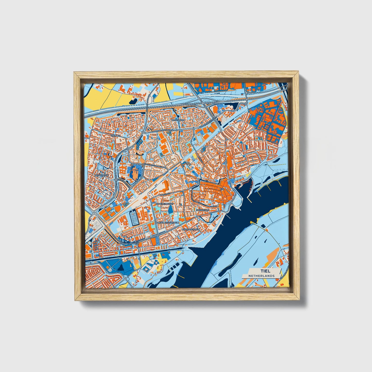 Tiel Netherlands Colorful City Map Canvas Print • Natural Wooden Framed