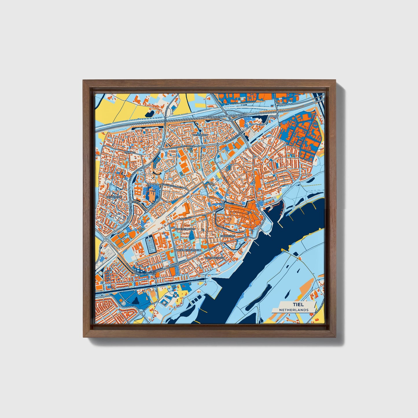 Tiel Netherlands Colorful City Map Canvas Print • Dark Wooden Framed