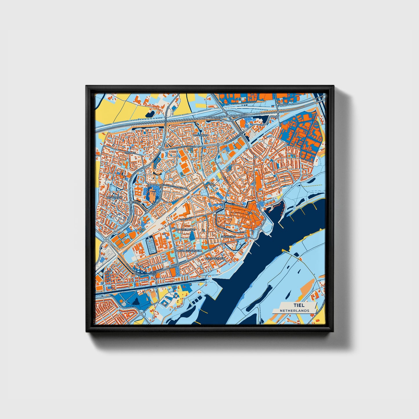 Tiel Netherlands Colorful City Map Canvas Print • Black Framed