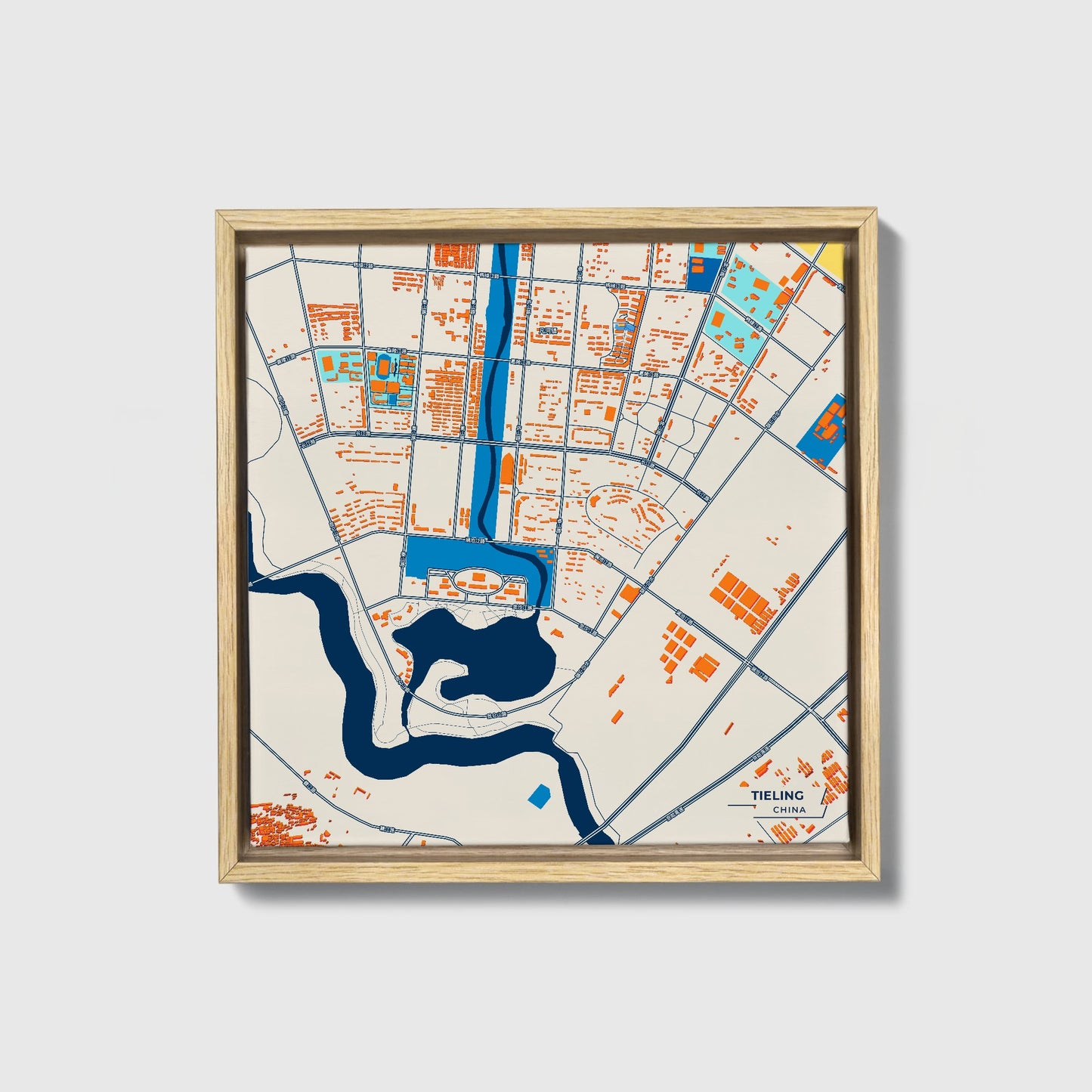 Tieling China Colorful City Map Canvas Print • Natural Wooden Framed