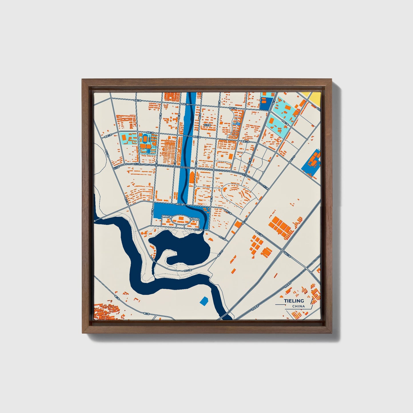 Tieling China Colorful City Map Canvas Print • Dark Wooden Framed