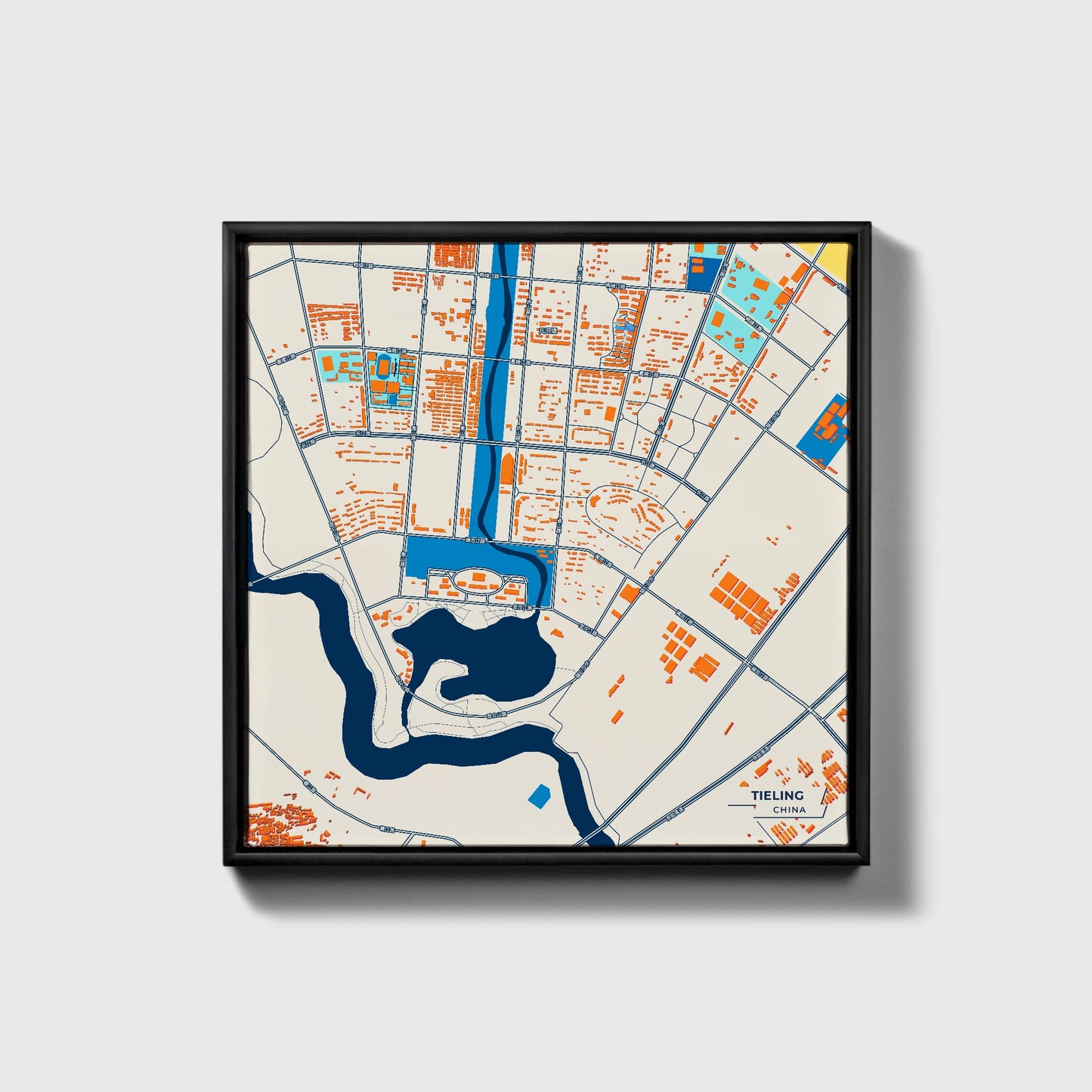 Tieling China Colorful City Map Canvas Print • Black Framed