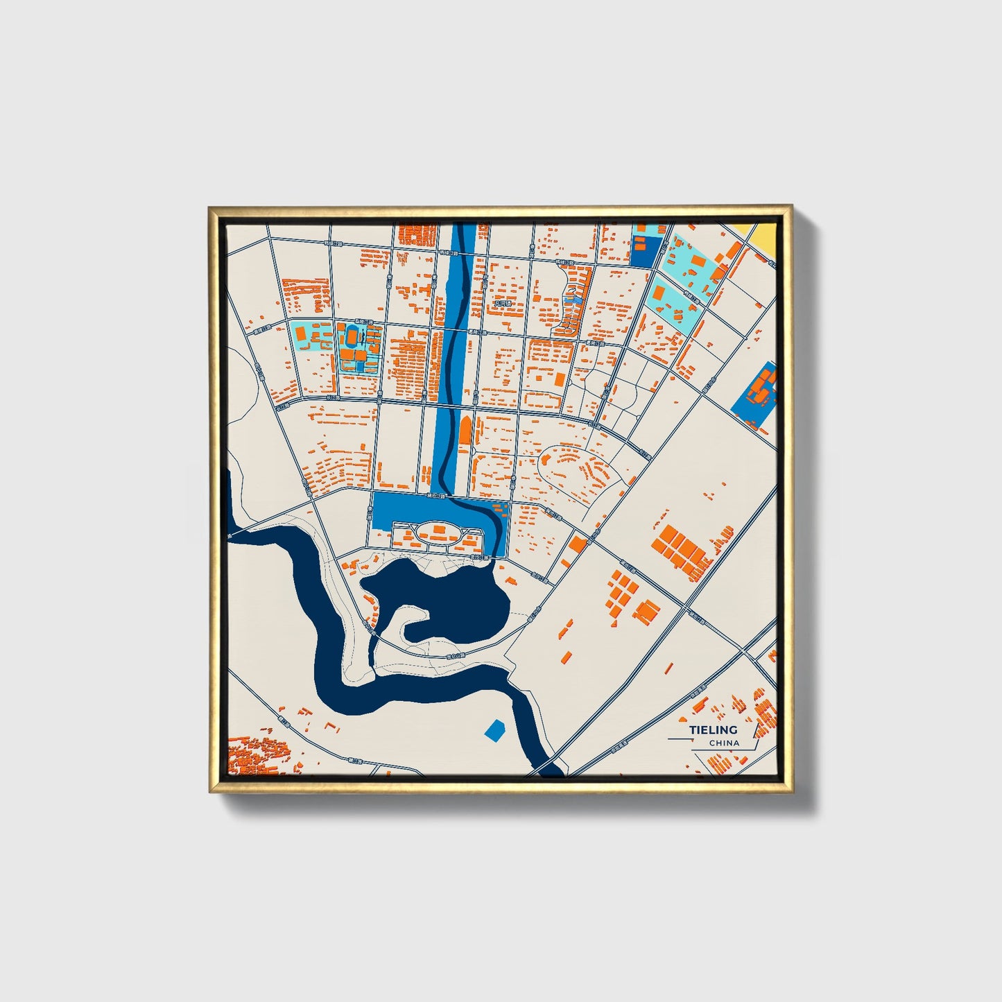 Tieling China Colorful City Map Canvas Print • Gold Framed