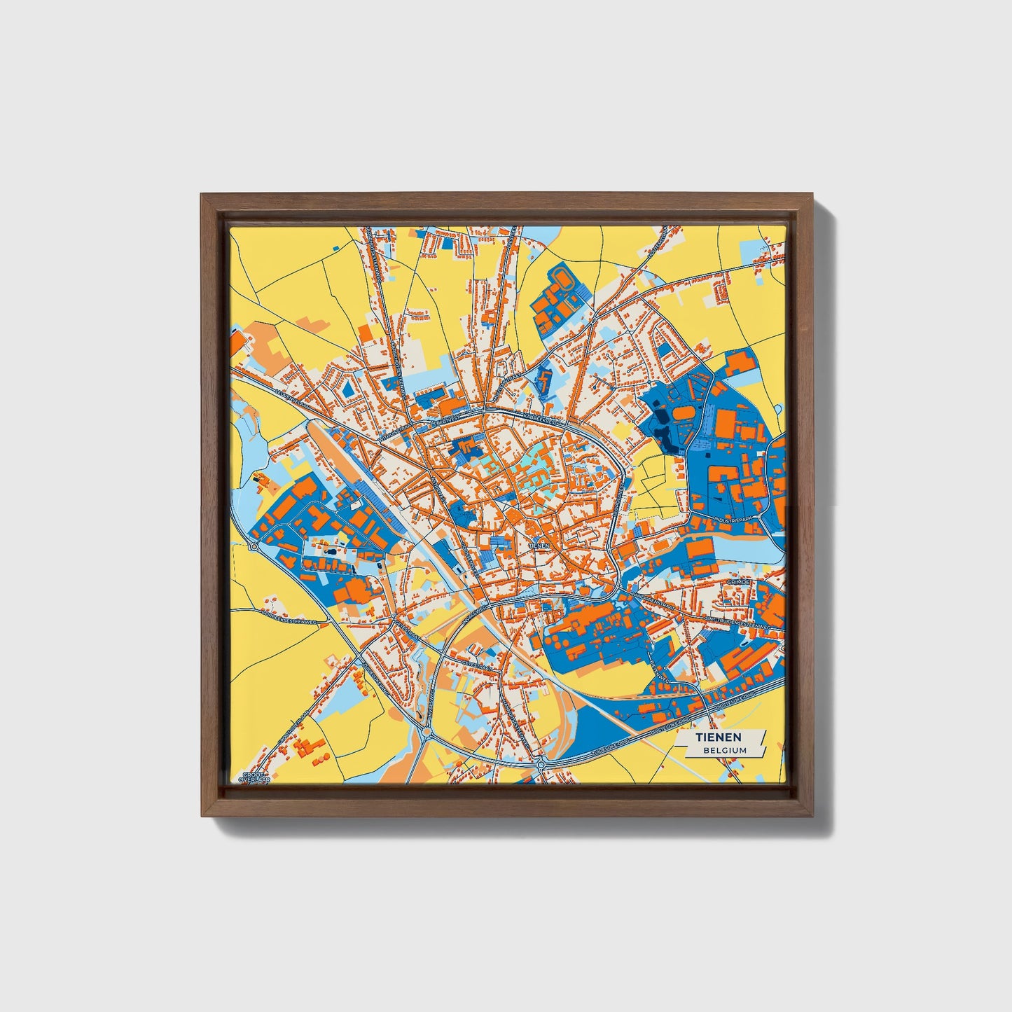 Tienen  Belgium Colorful City Map Canvas Print • Dark Wooden Framed