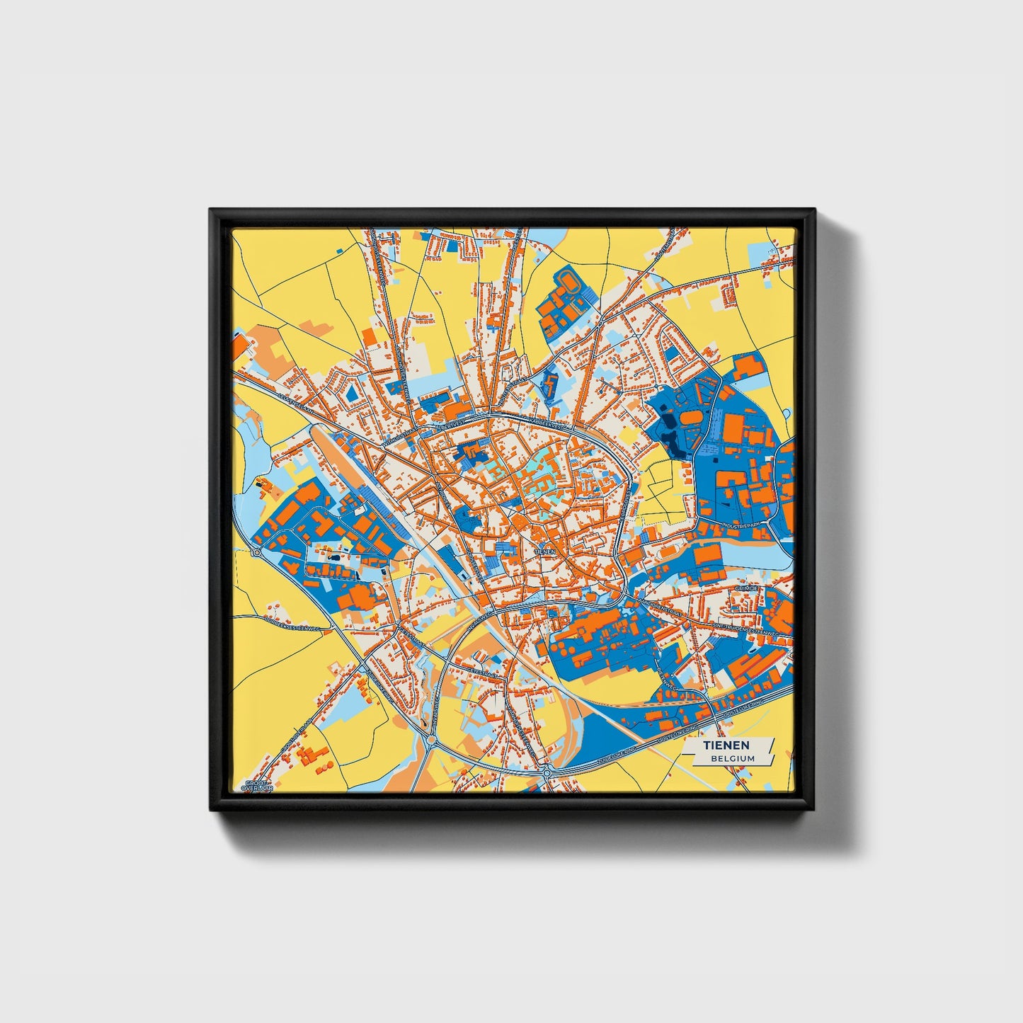 Tienen  Belgium Colorful City Map Canvas Print • Black Framed