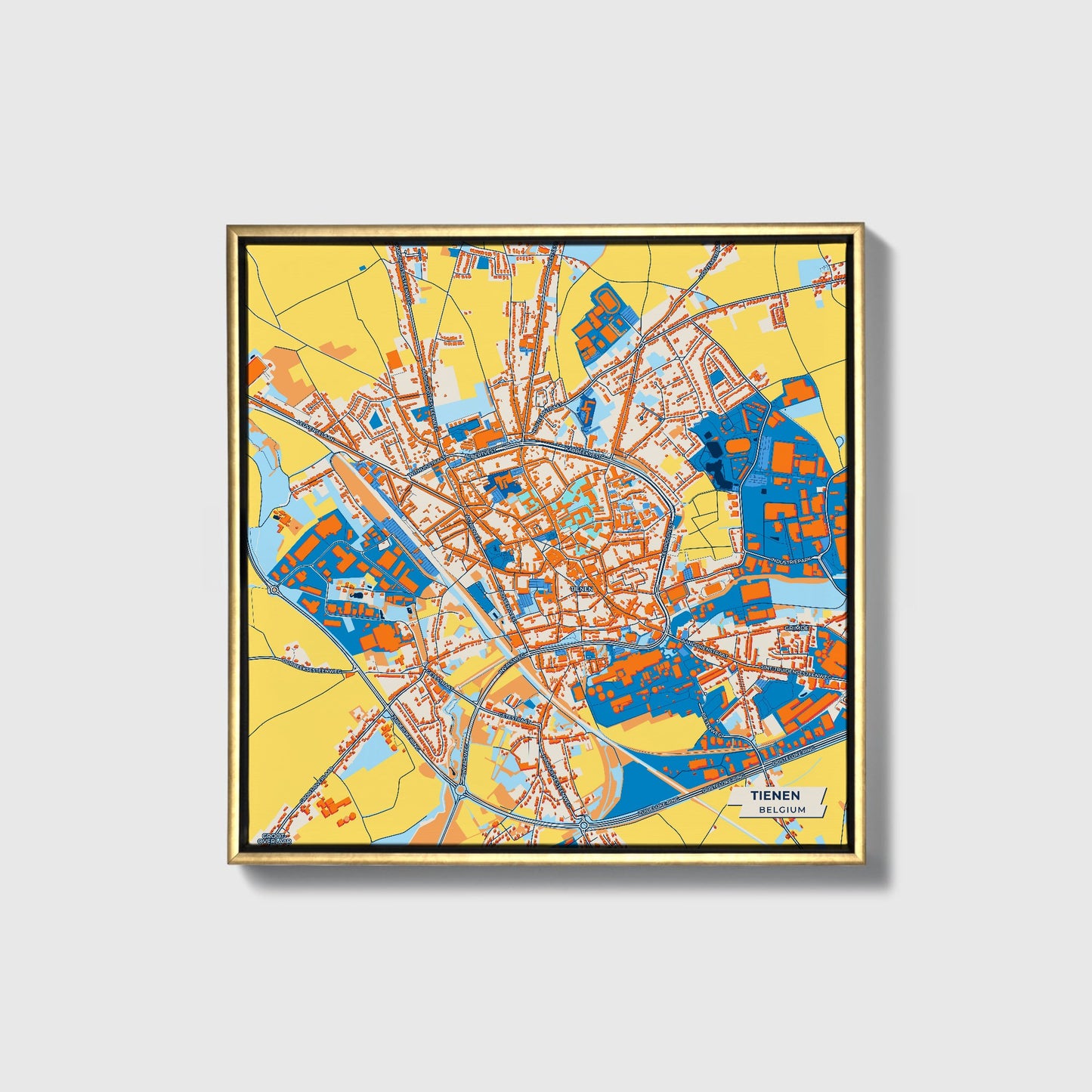 Tienen  Belgium Colorful City Map Canvas Print • Gold Framed