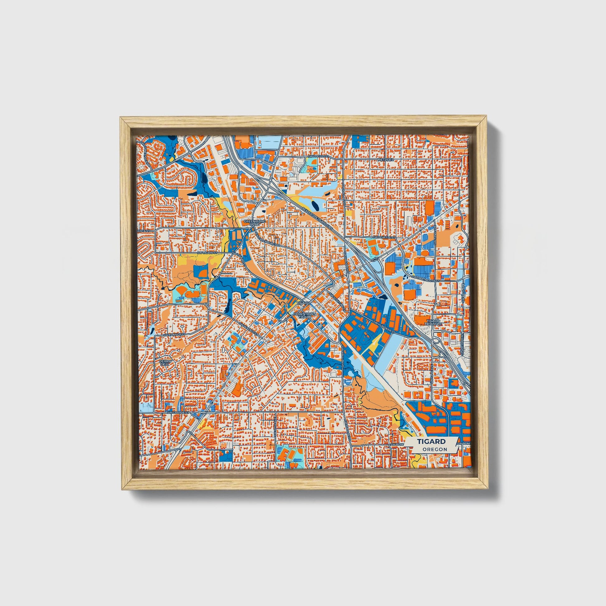 Tigard Oregon Colorful City Map Canvas Print • Natural Wooden Framed