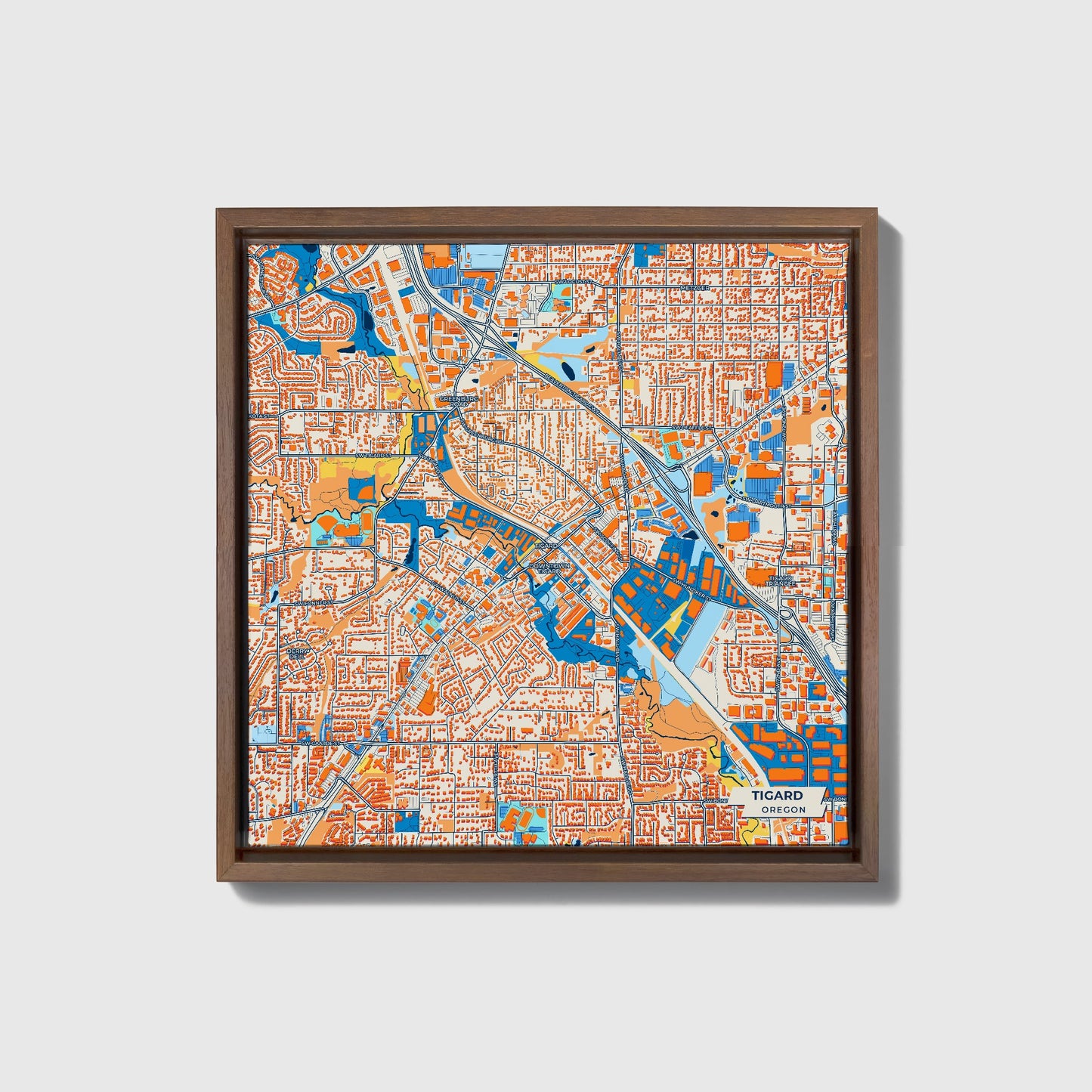 Tigard Oregon Colorful City Map Canvas Print • Dark Wooden Framed