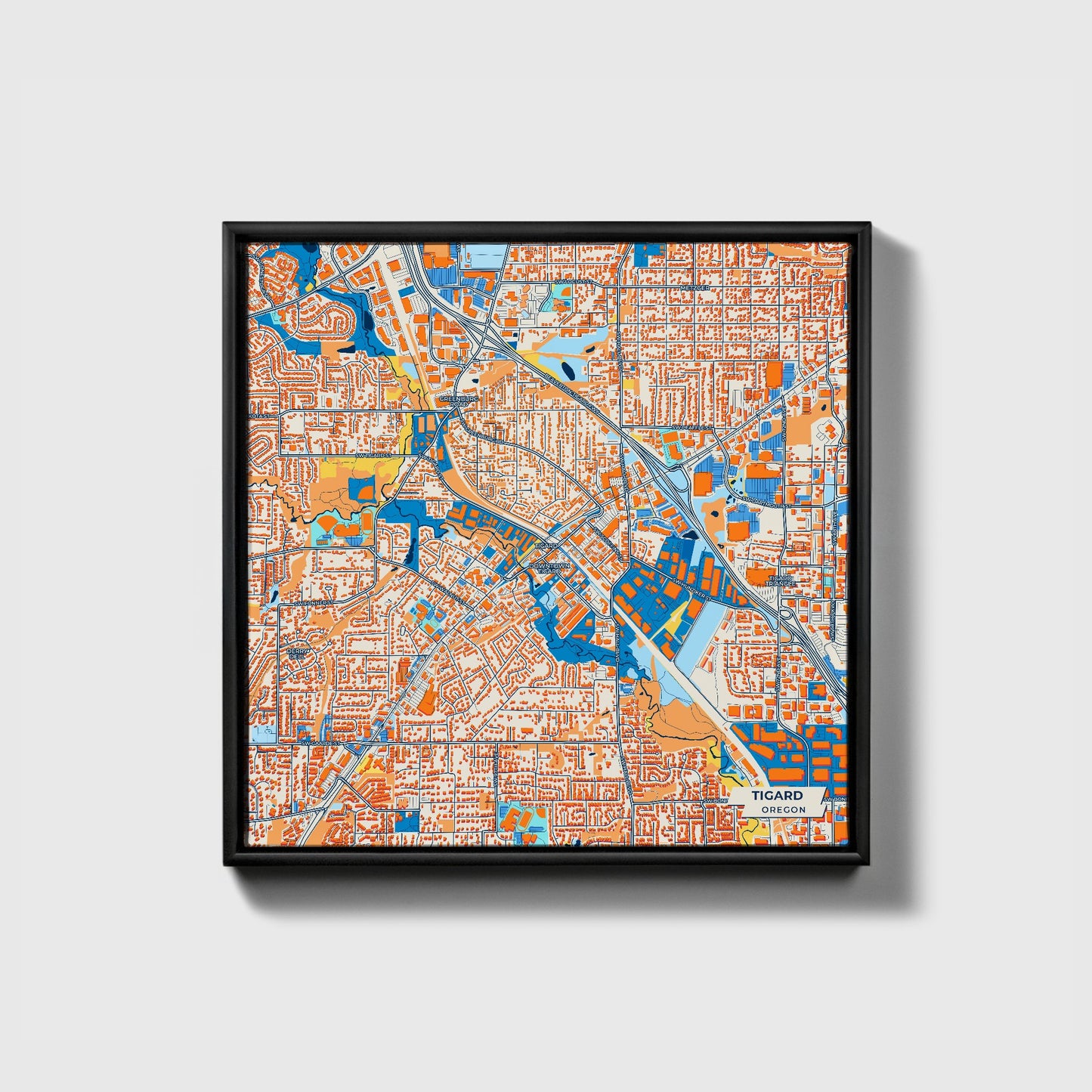 Tigard Oregon Colorful City Map Canvas Print • Black Framed