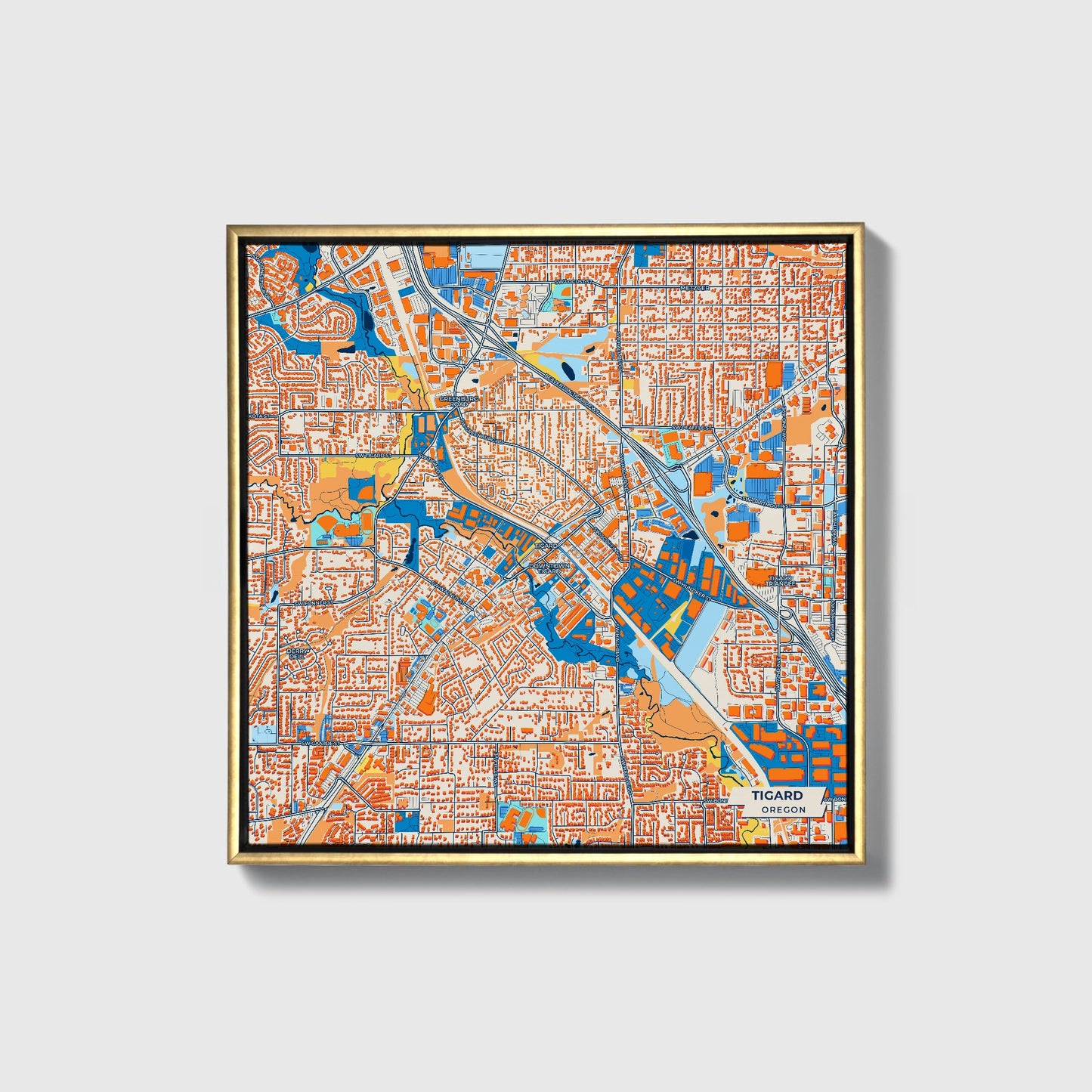 Tigard Oregon Colorful City Map Canvas Print • Gold Framed