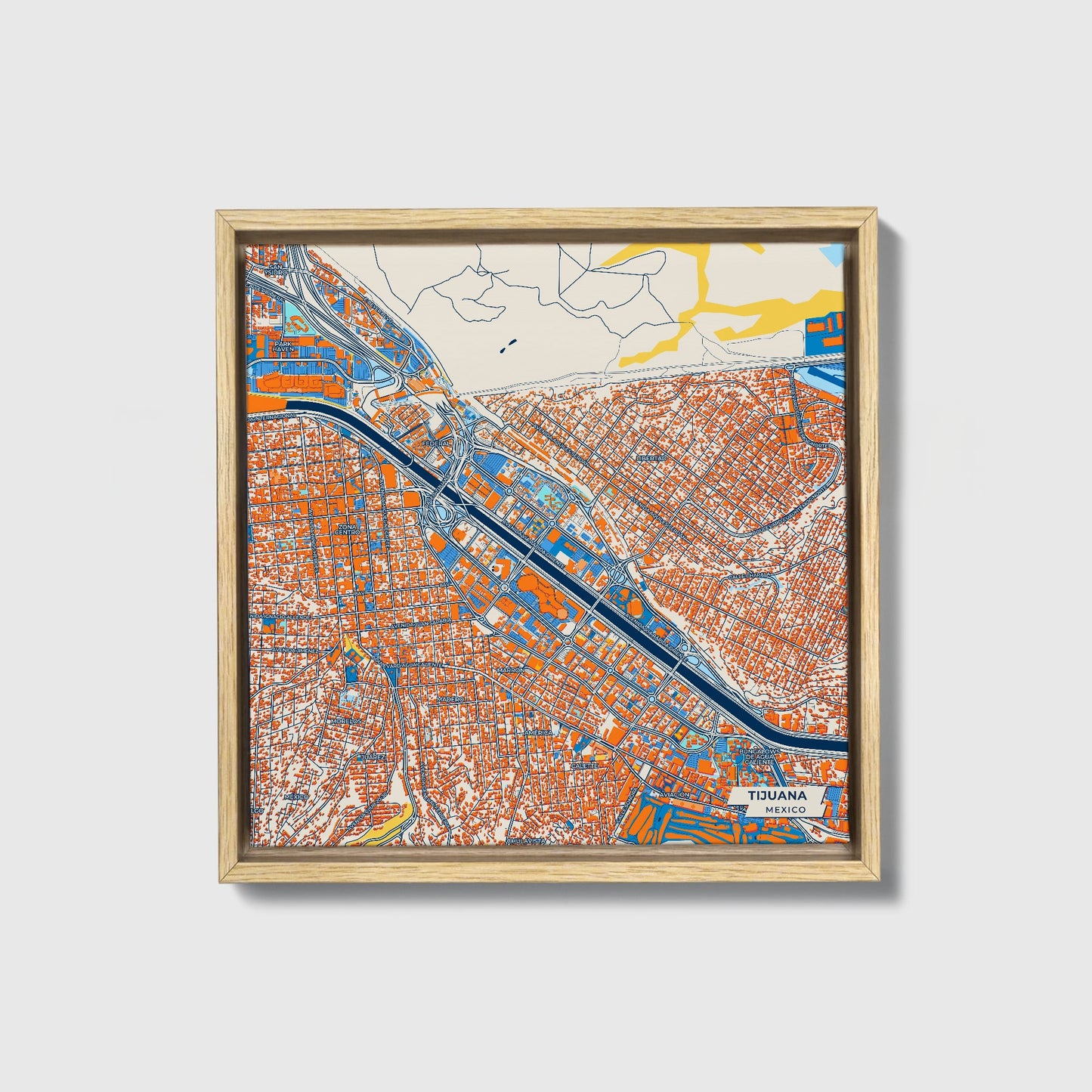 Tijuana Mexico Colorful City Map Canvas Print • Natural Wooden Framed