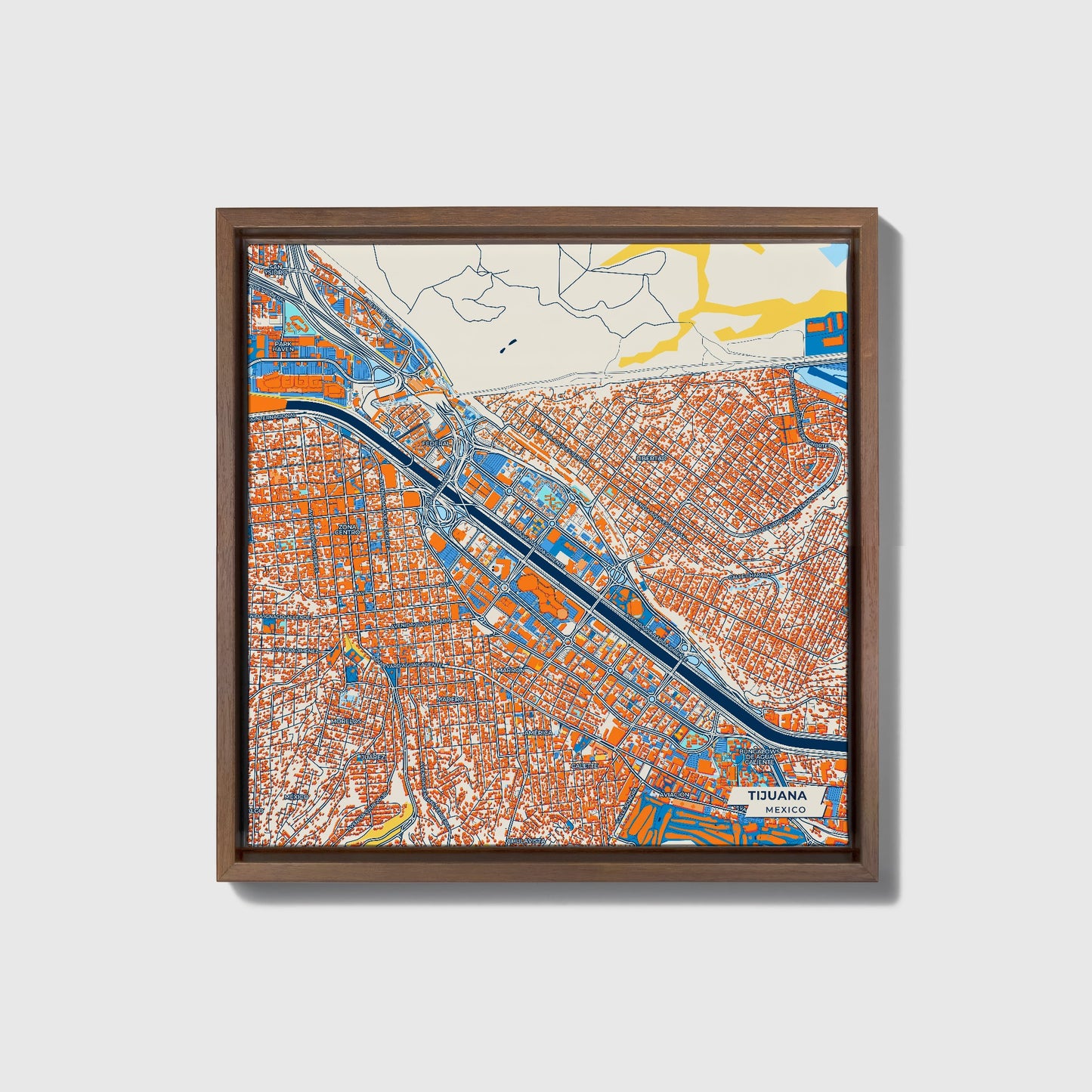 Tijuana Mexico Colorful City Map Canvas Print • Dark Wooden Framed