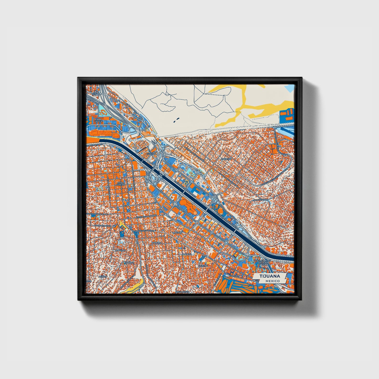 Tijuana Mexico Colorful City Map Canvas Print • Black Framed