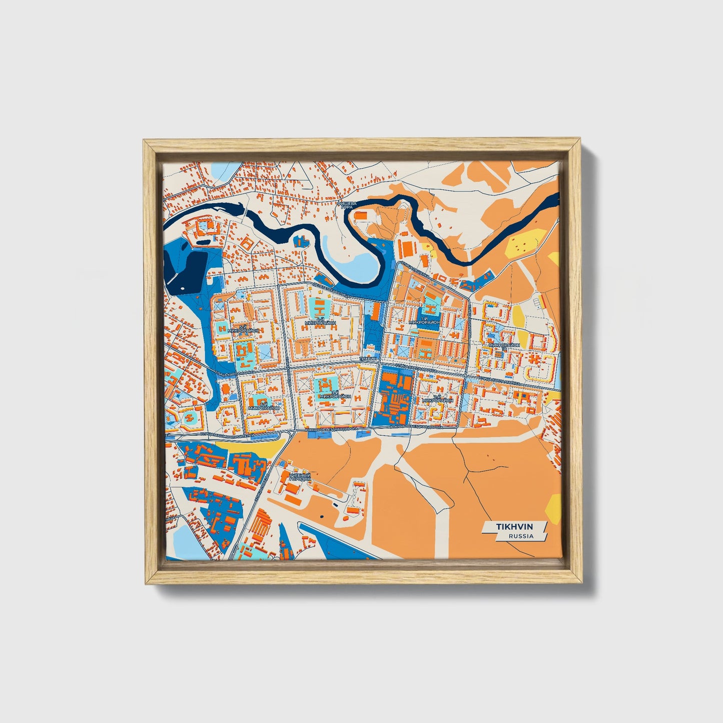 Тихвин Russia Colorful City Map Canvas Print • Natural Wooden Framed