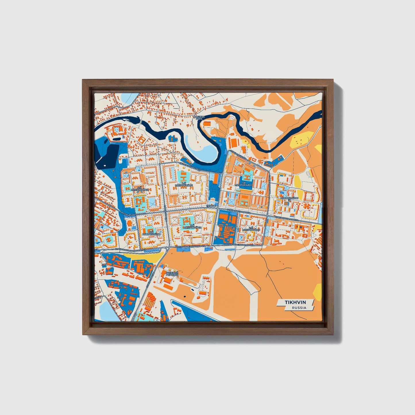 Тихвин Russia Colorful City Map Canvas Print • Dark Wooden Framed