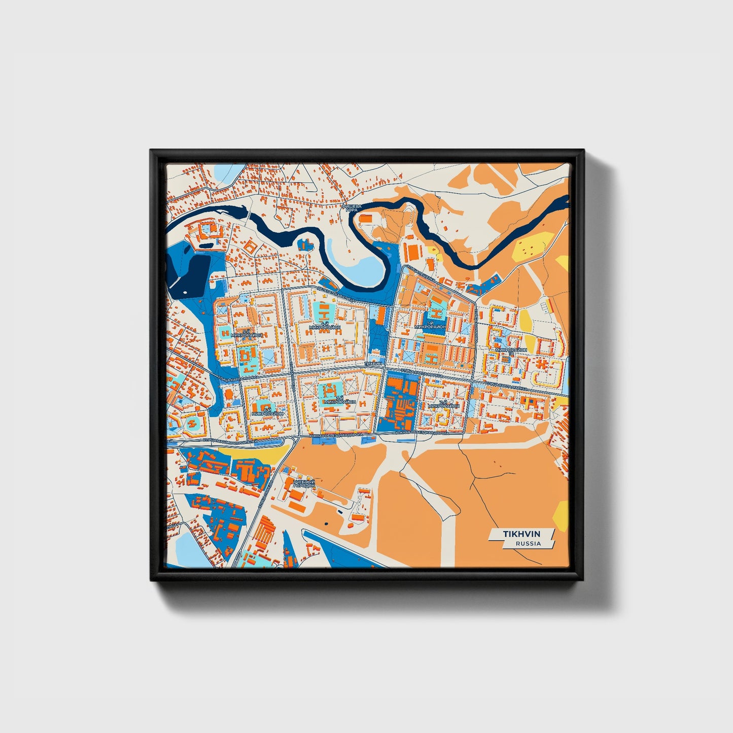 Тихвин Russia Colorful City Map Canvas Print • Black Framed