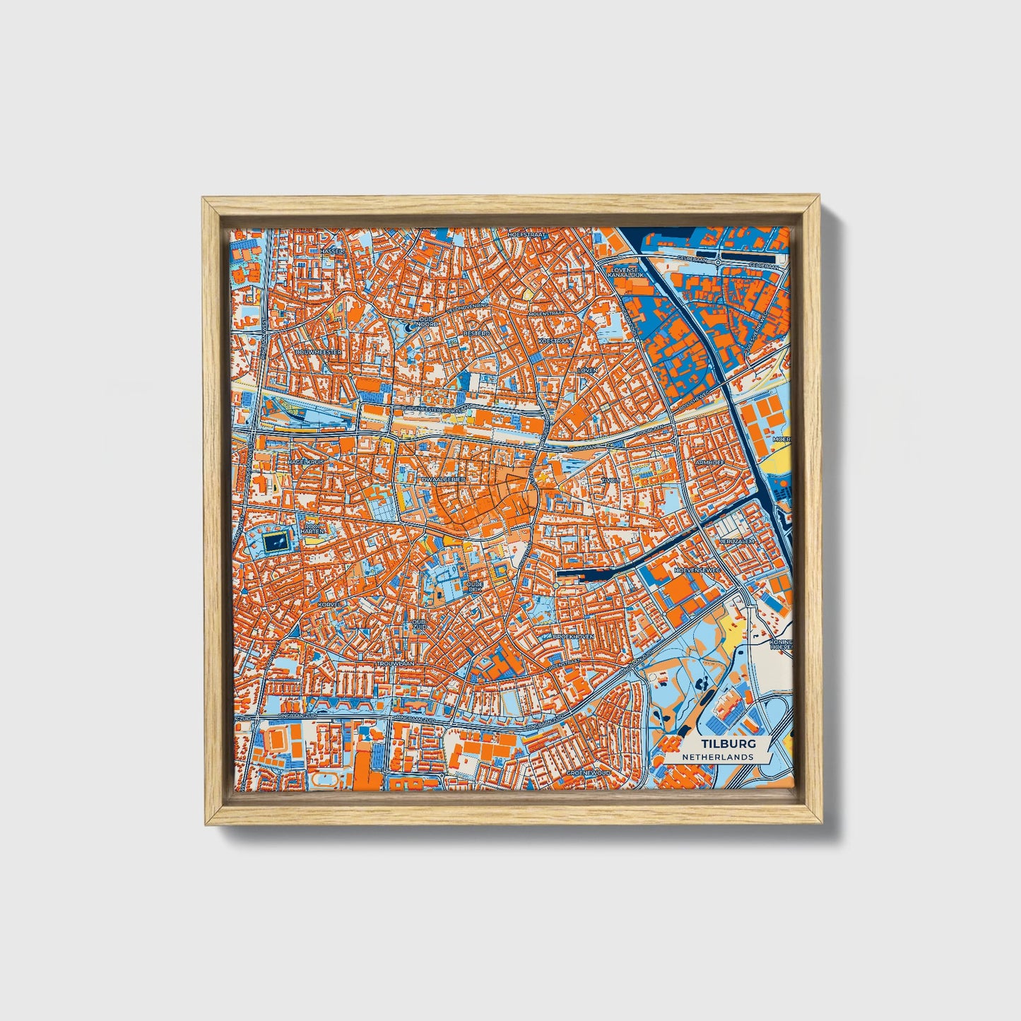 Tilburg Netherlands Colorful City Map Canvas Print • Natural Wooden Framed