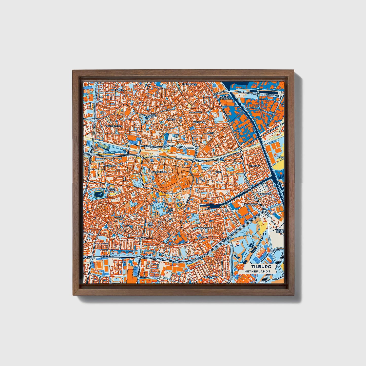 Tilburg Netherlands Colorful City Map Canvas Print • Dark Wooden Framed