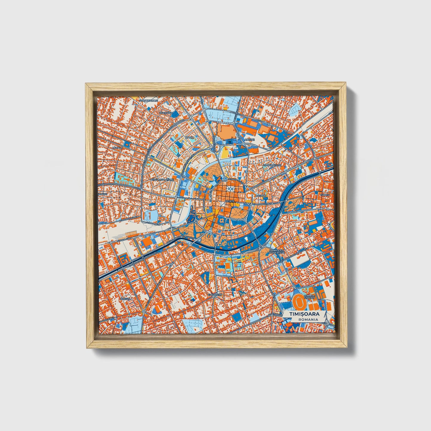 Timișoara Romania Colorful City Map Canvas Print • Natural Wooden Framed
