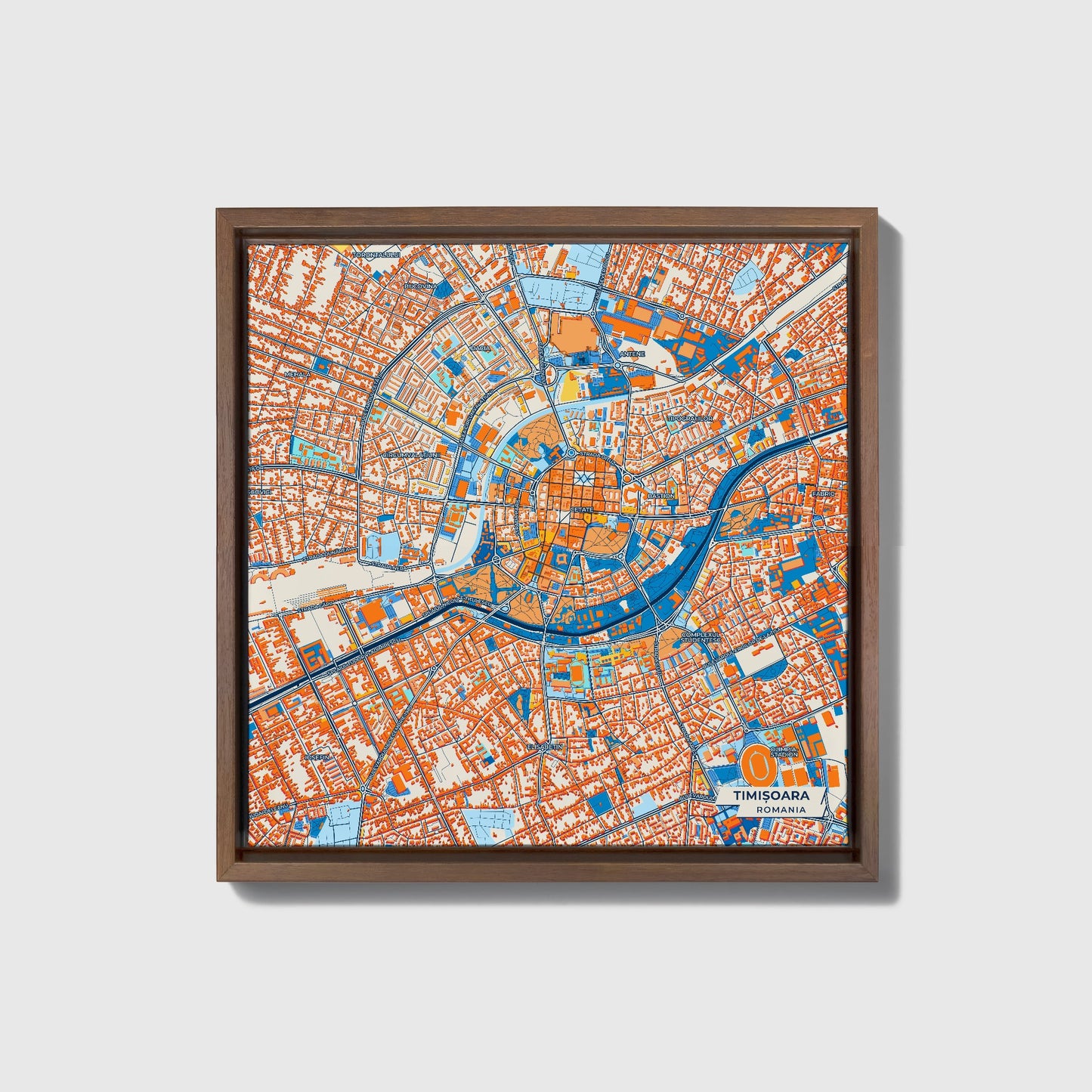 Timișoara Romania Colorful City Map Canvas Print • Dark Wooden Framed