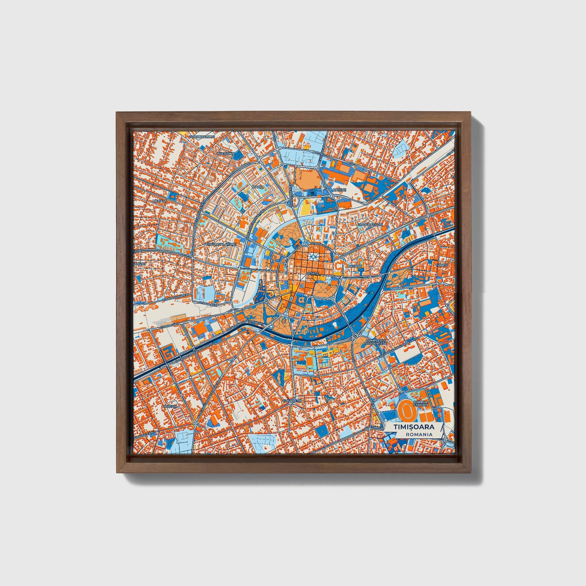 Timișoara Romania Colorful City Map Canvas Print • Dark Wooden Framed