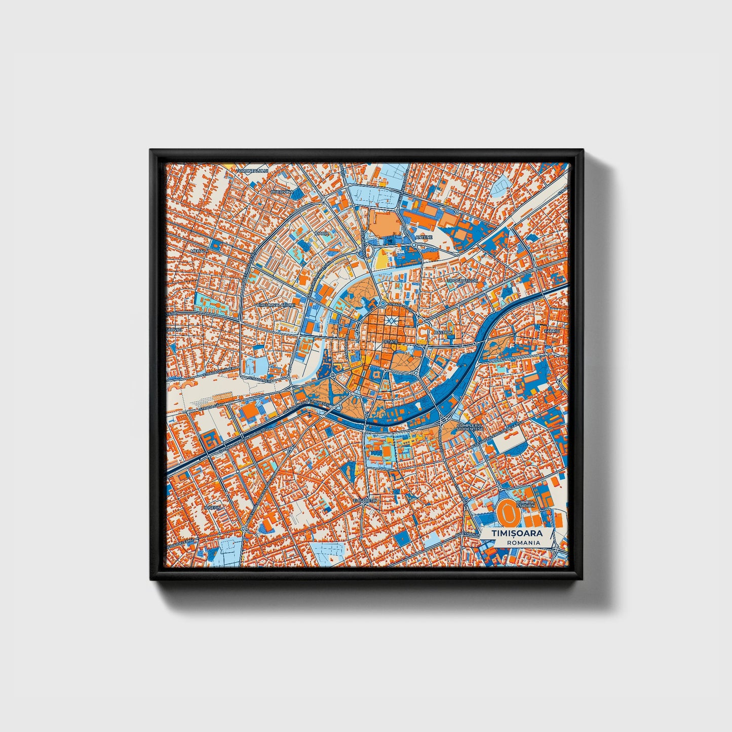 Timișoara Romania Colorful City Map Canvas Print • Black Framed
