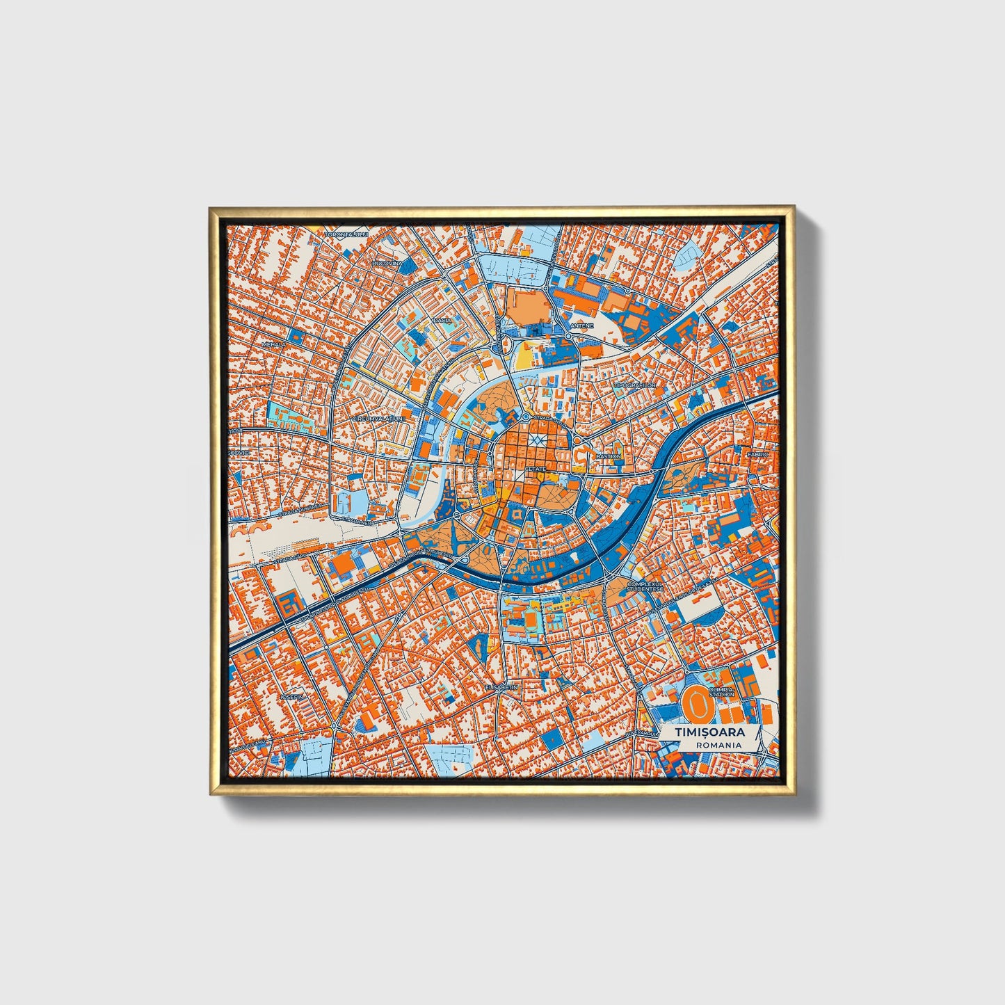 Timișoara Romania Colorful City Map Canvas Print • Gold Framed