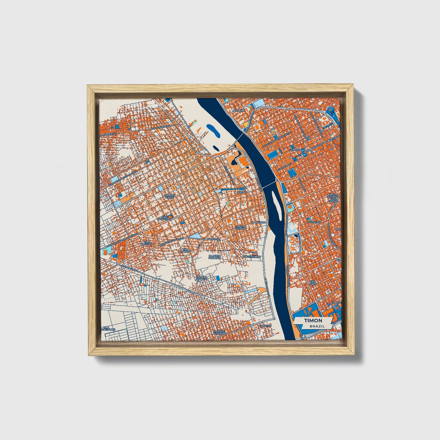 Timon Brazil Colorful City Map Canvas Print • Natural Wooden Framed