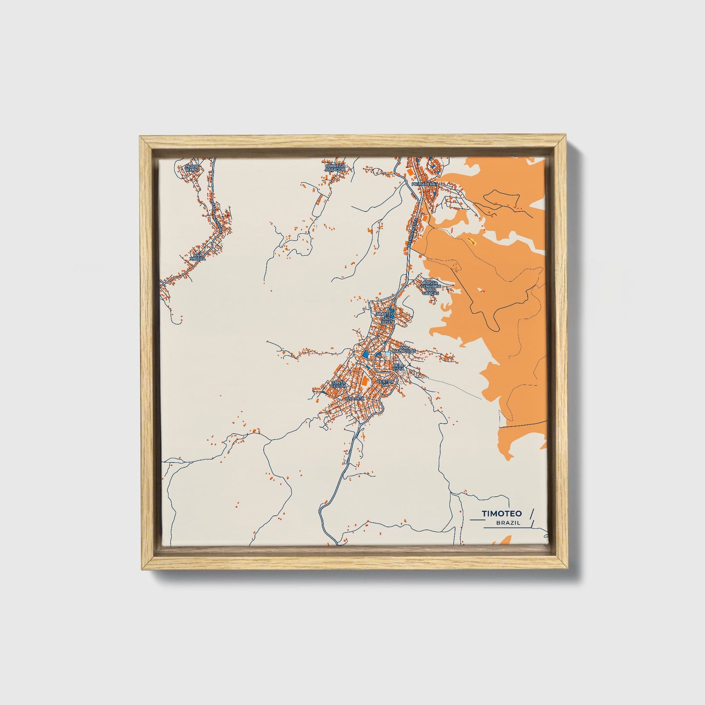 Timoteo Brazil Colorful City Map Canvas Print • Natural Wooden Framed