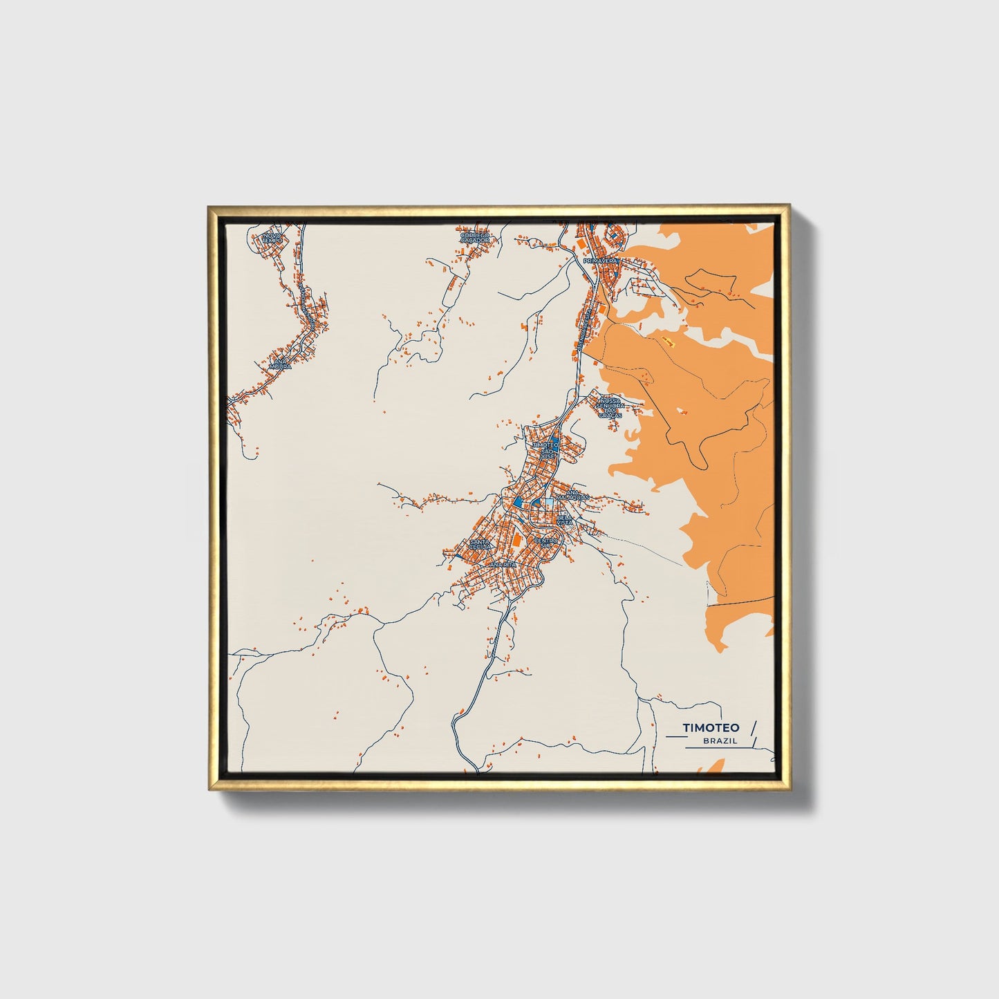 Timoteo Brazil Colorful City Map Canvas Print • Gold Framed