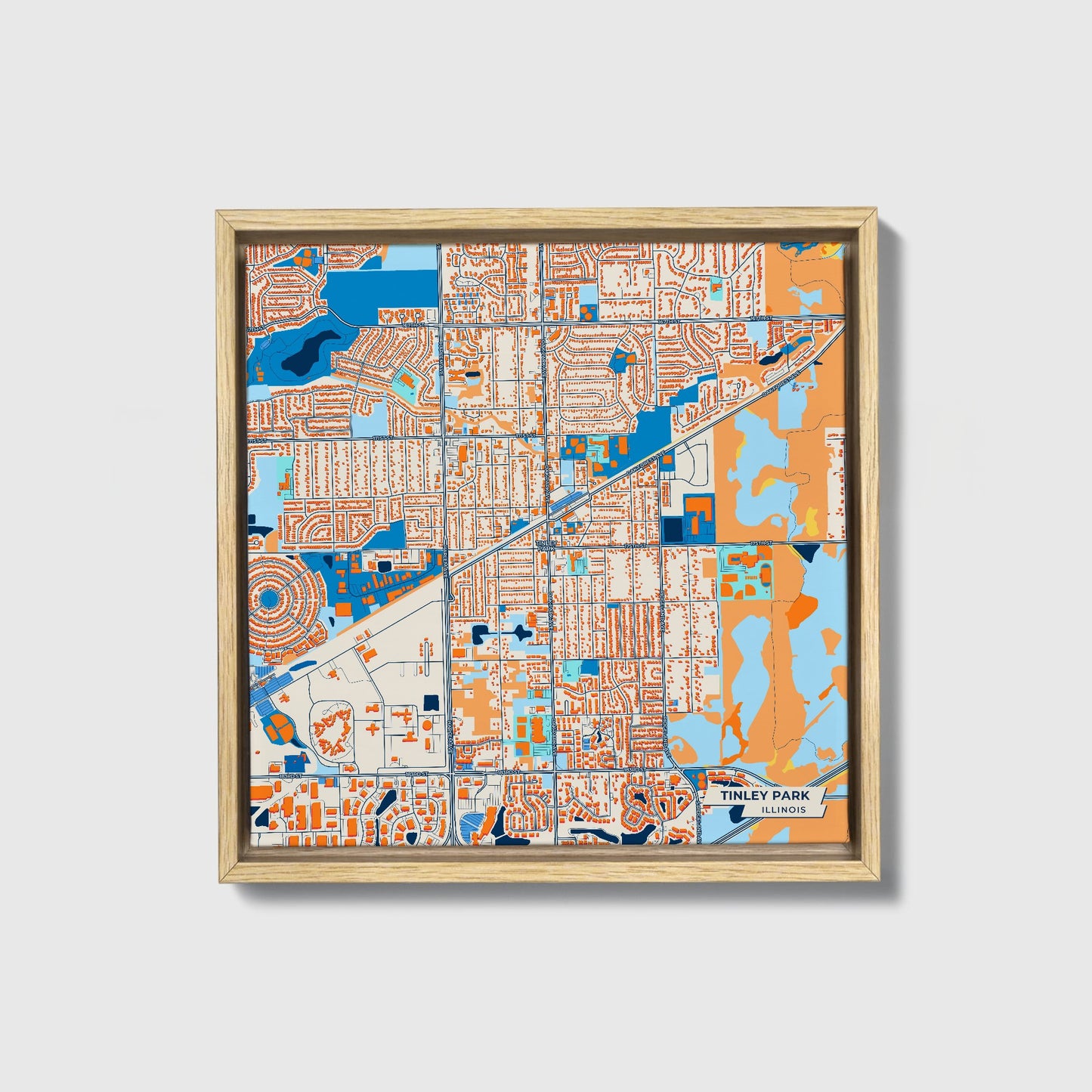 Tinley Park Illinois Colorful City Map Canvas Print • Natural Wooden Framed