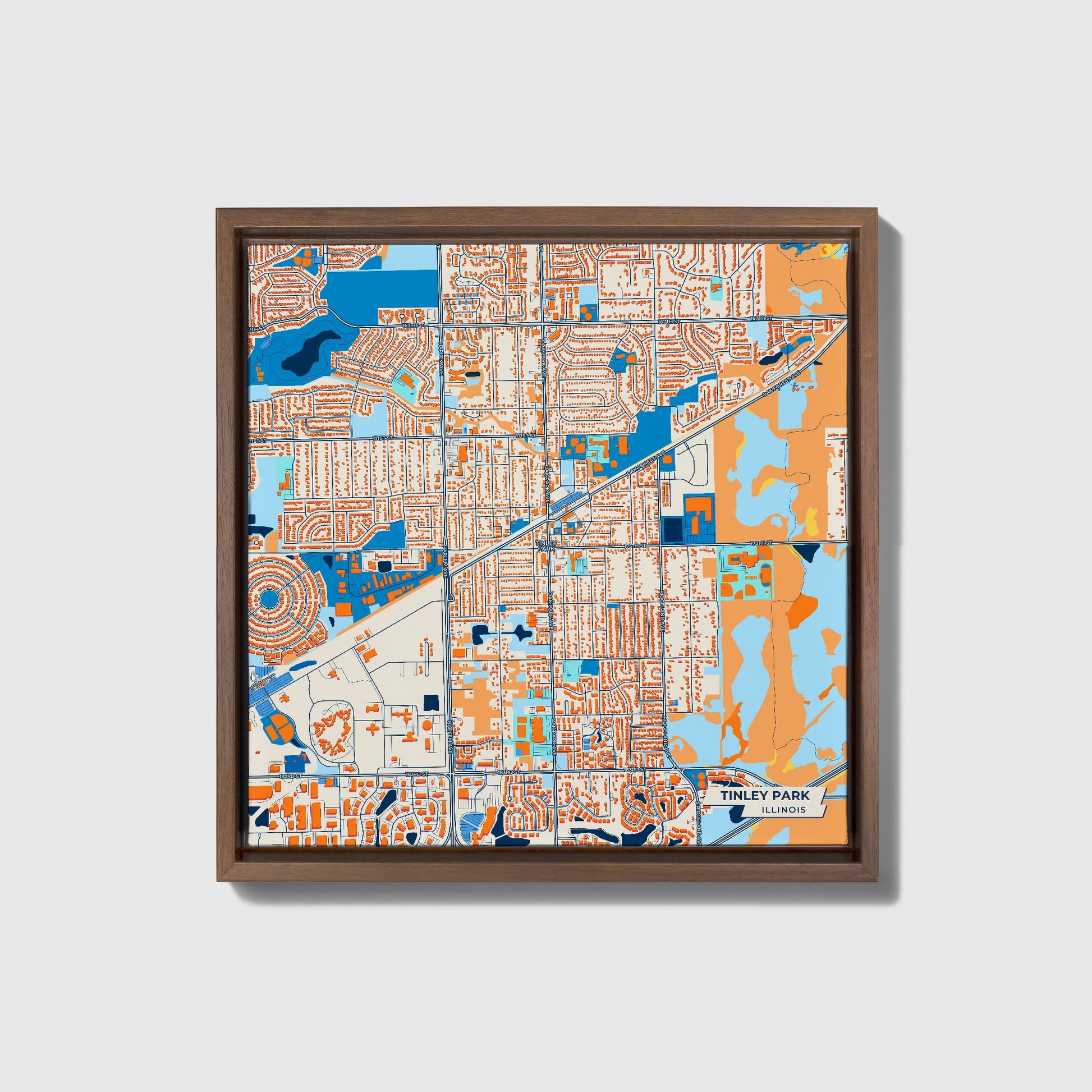 Tinley Park Illinois Colorful City Map Canvas Print • Dark Wooden Framed