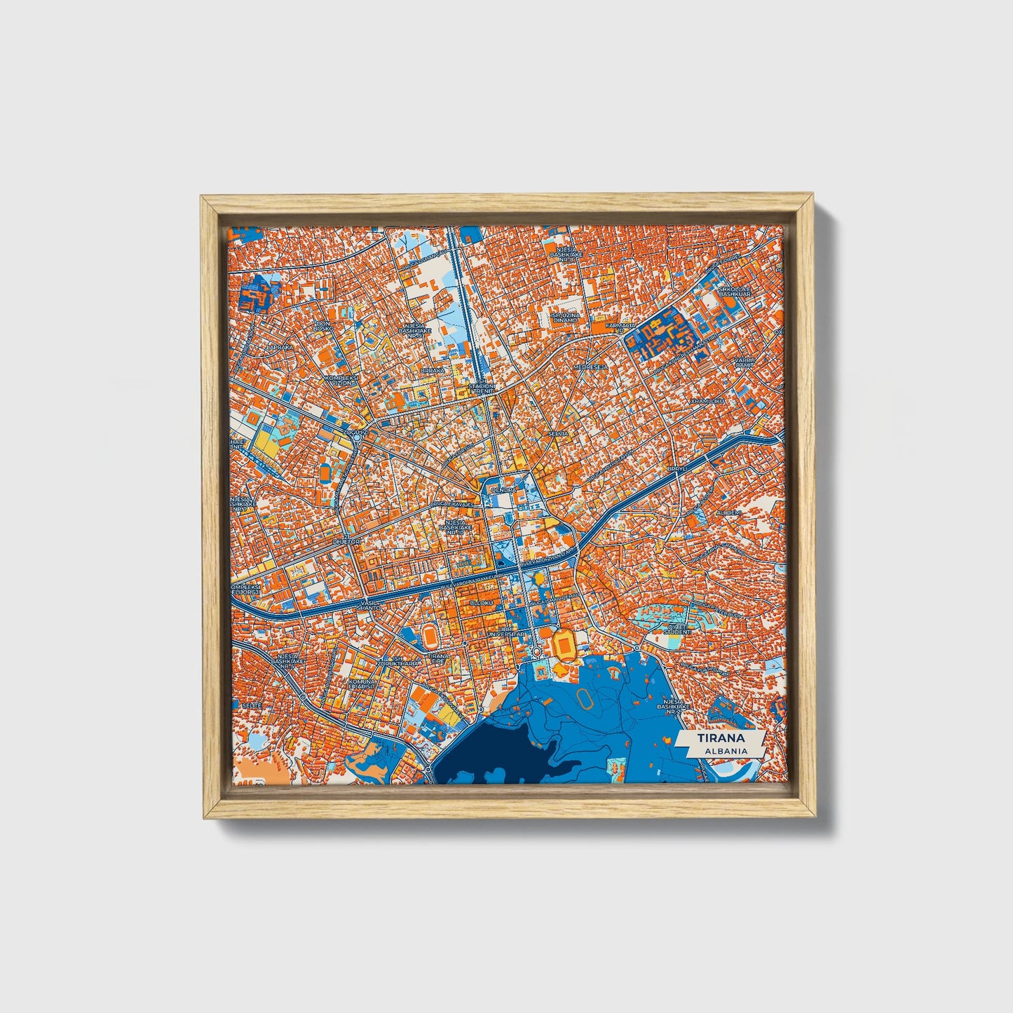 Tirana Albania Colorful City Map Canvas Print • Natural Wooden Framed