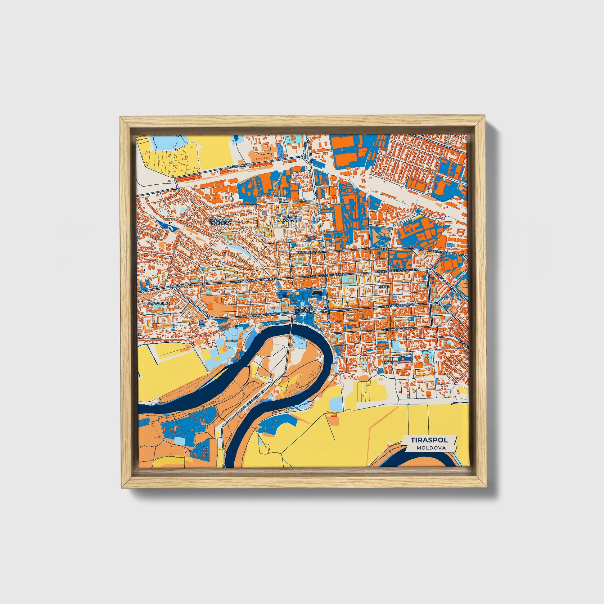 Tiraspol Moldova Colorful City Map Canvas Print • Natural Wooden Framed