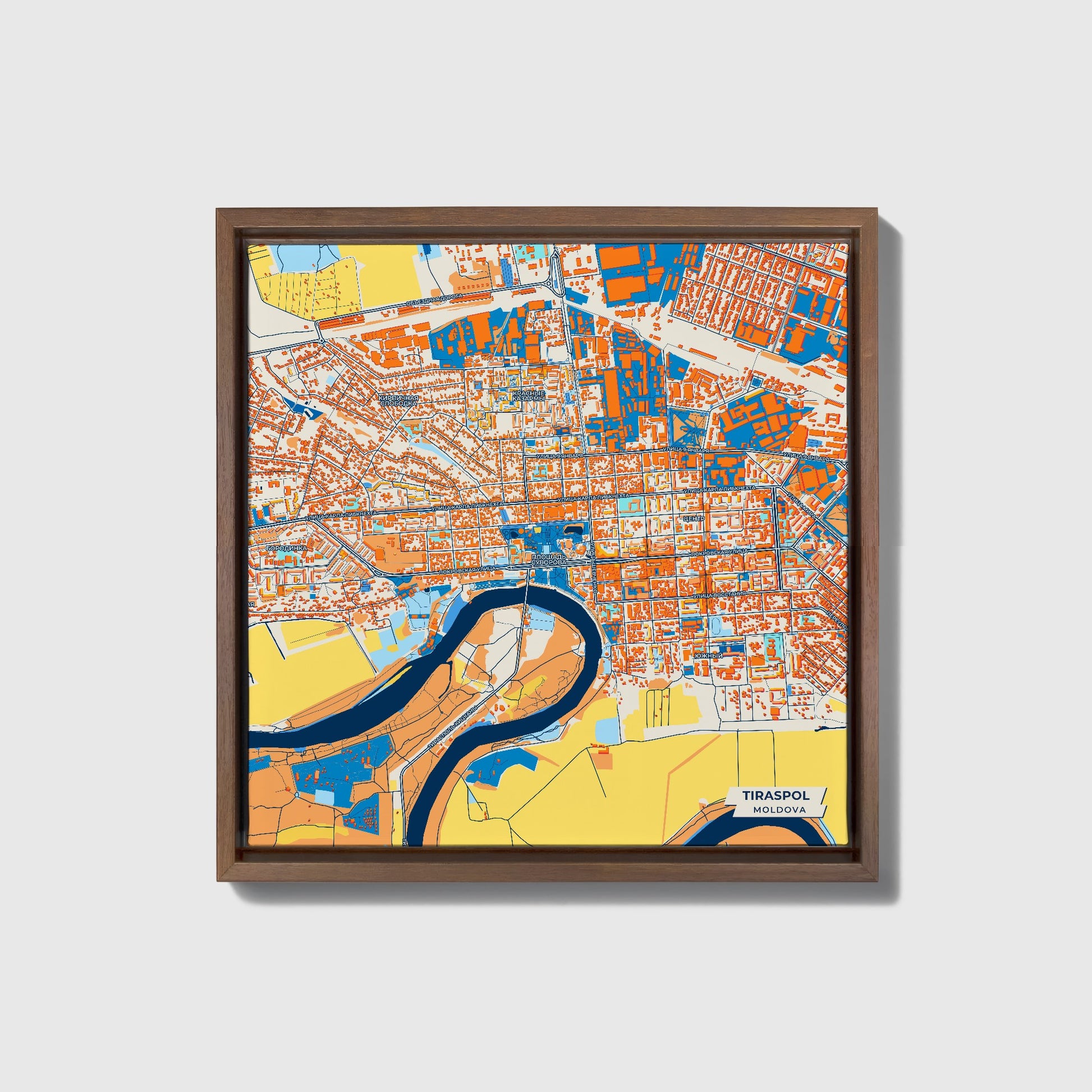 Tiraspol Moldova Colorful City Map Canvas Print • Dark Wooden Framed