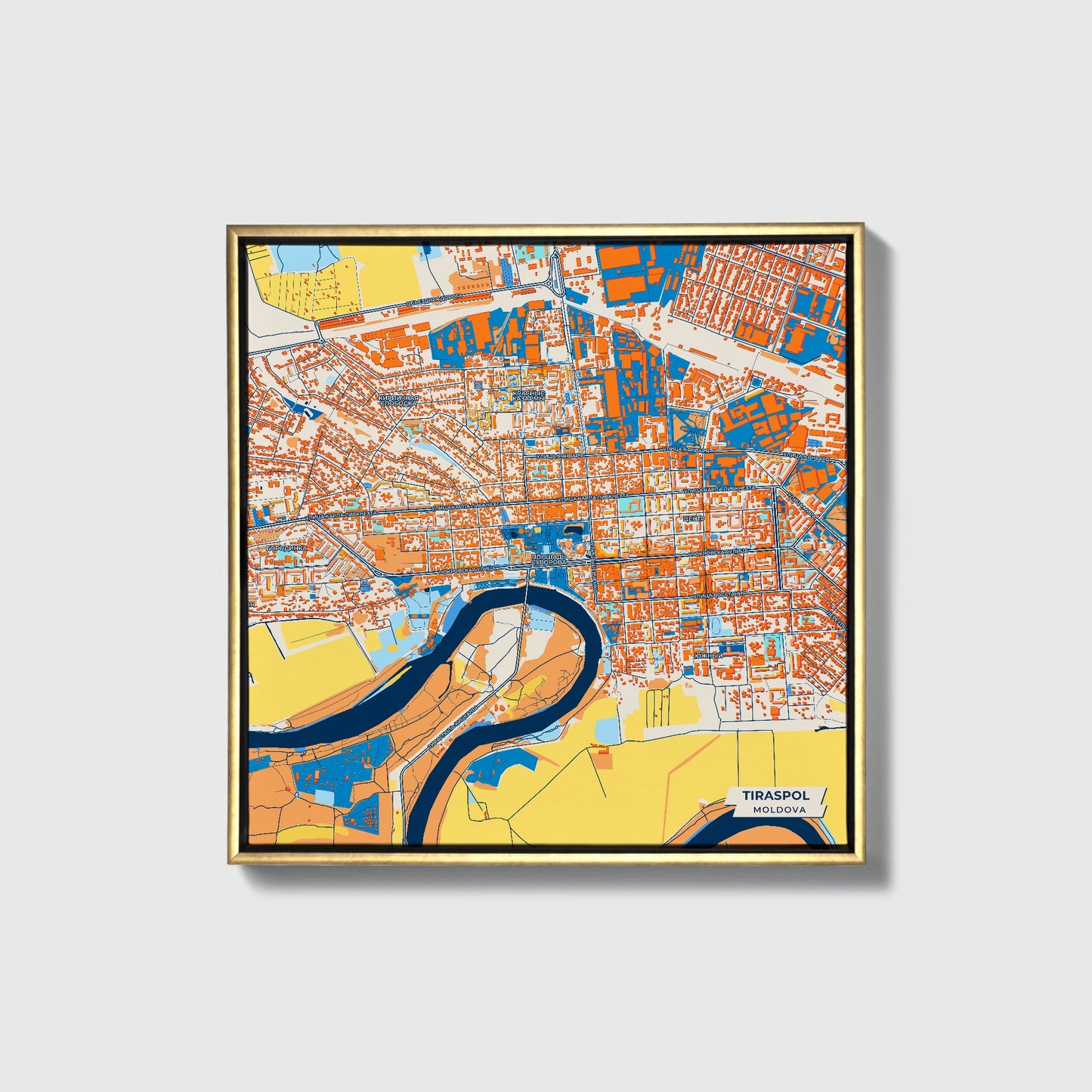 Tiraspol Moldova Colorful City Map Canvas Print • Gold Framed