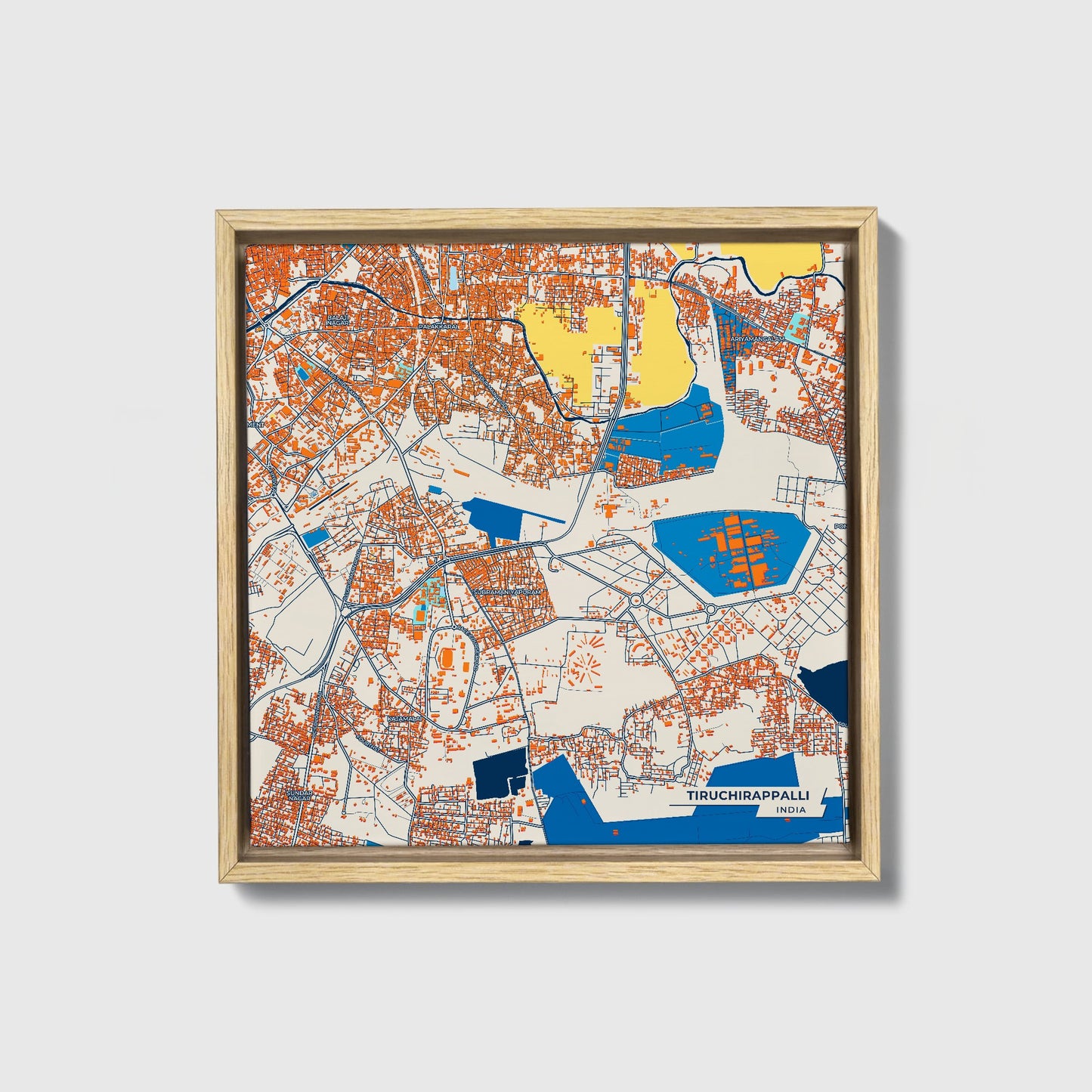 Tiruchirappalli India Colorful City Map Canvas Print • Natural Wooden Framed