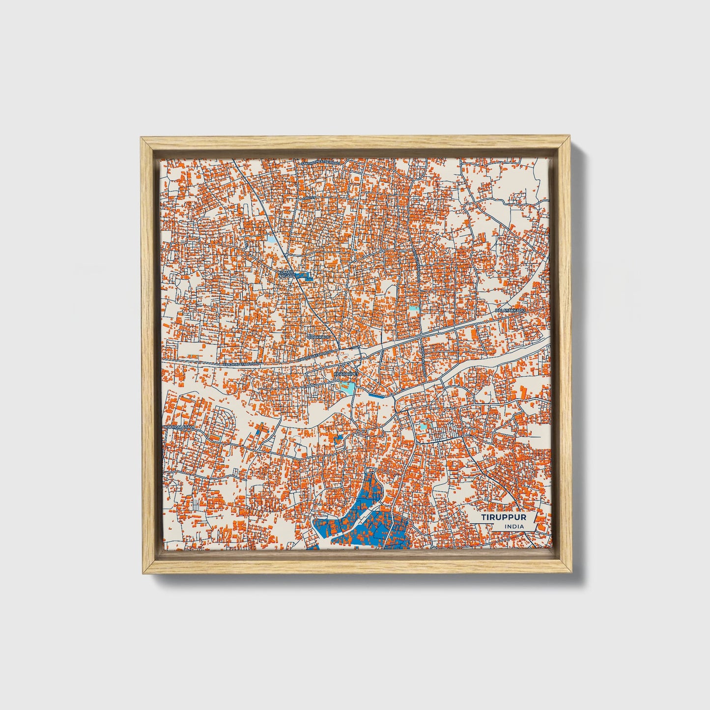 Tiruppur India Colorful City Map Canvas Print • Natural Wooden Framed
